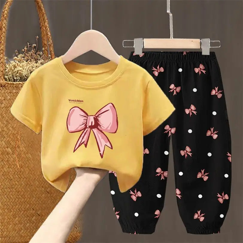Mädchen Sommer Set 2-teilig Schleifenmuster T-Shirt Hose Kleinkinder