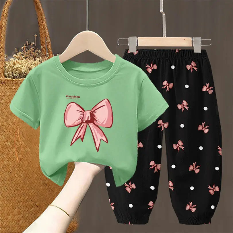Mädchen Sommer Set 2-teilig Schleifenmuster T-Shirt Hose Kleinkinder