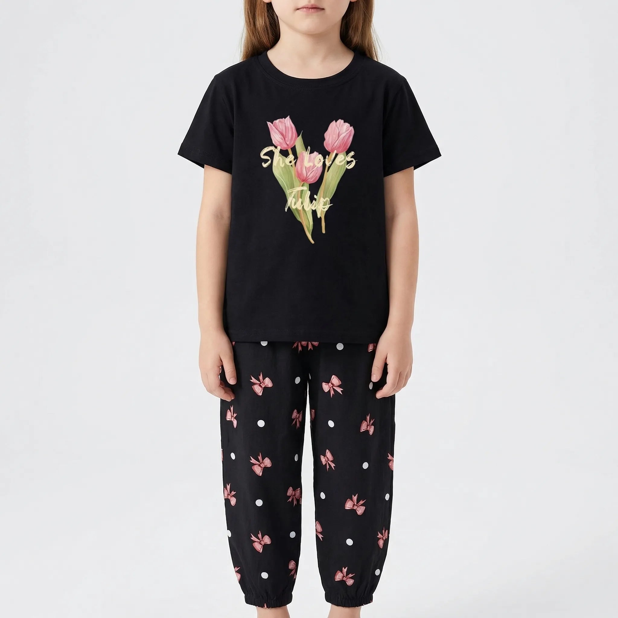 Mädchen Sommer Set 2-teilig Schleifenmuster T-Shirt Hose Kleinkinder