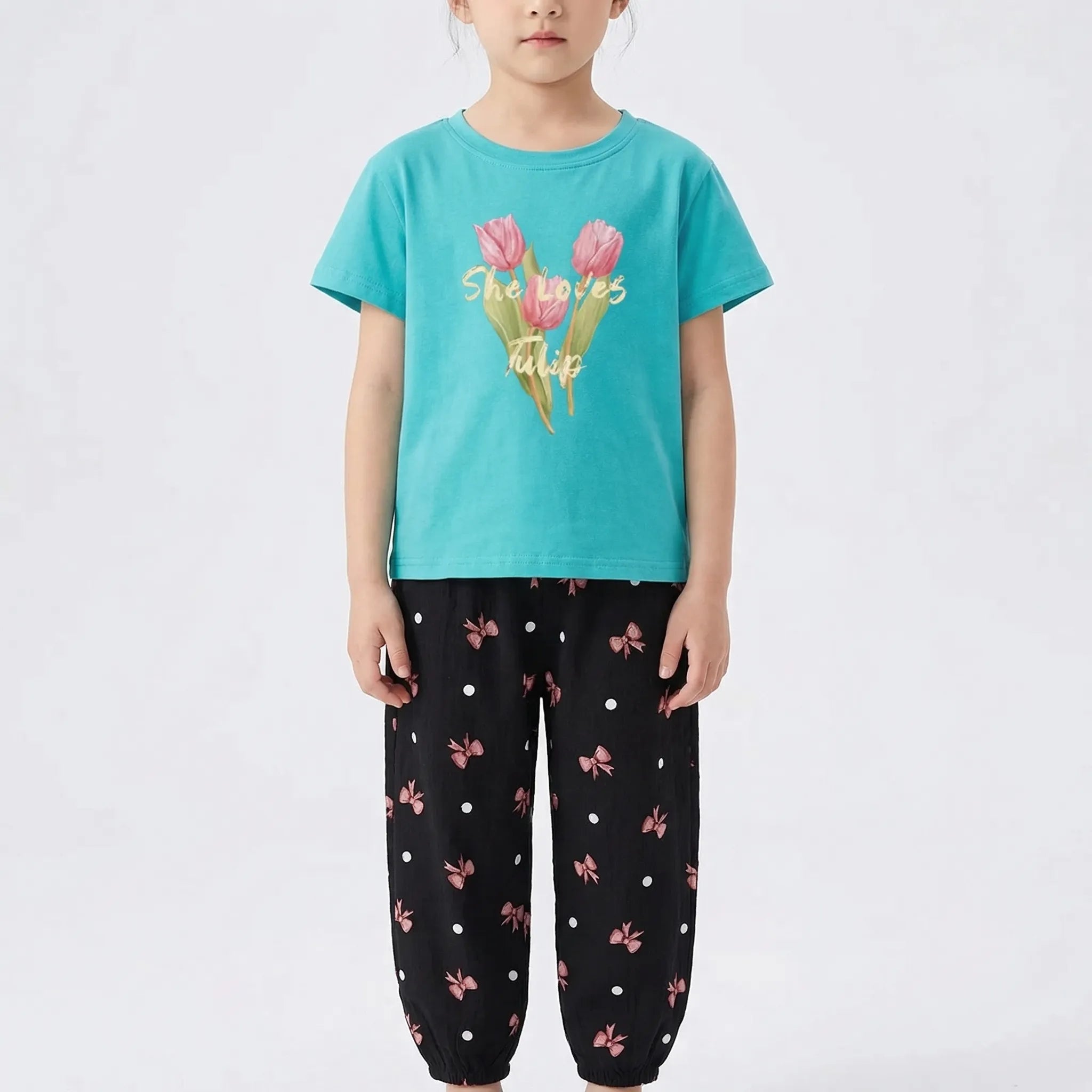Mädchen Sommer Set 2-teilig Schleifenmuster T-Shirt Hose Kleinkinder