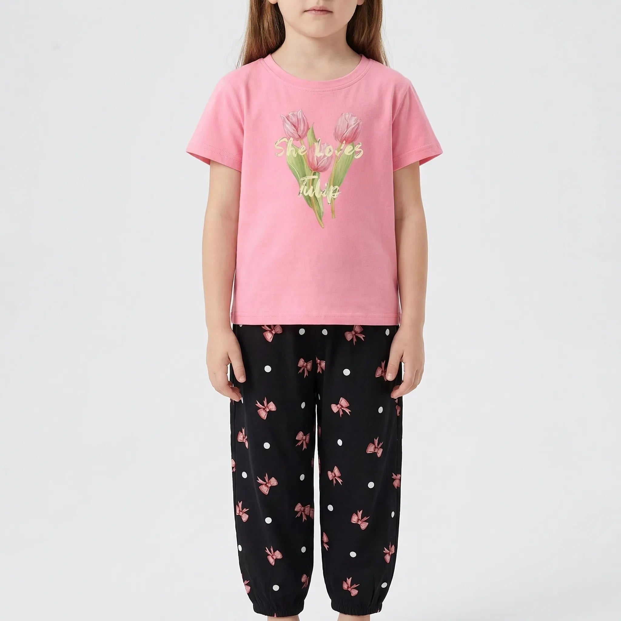 Mädchen Sommer Set 2-teilig Schleifenmuster T-Shirt Hose Kleinkinder