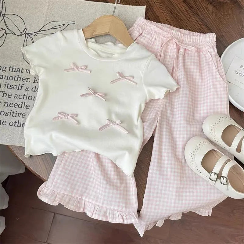 Mädchen Set mit Schleifentop und karierter Hose für Kleinkinder