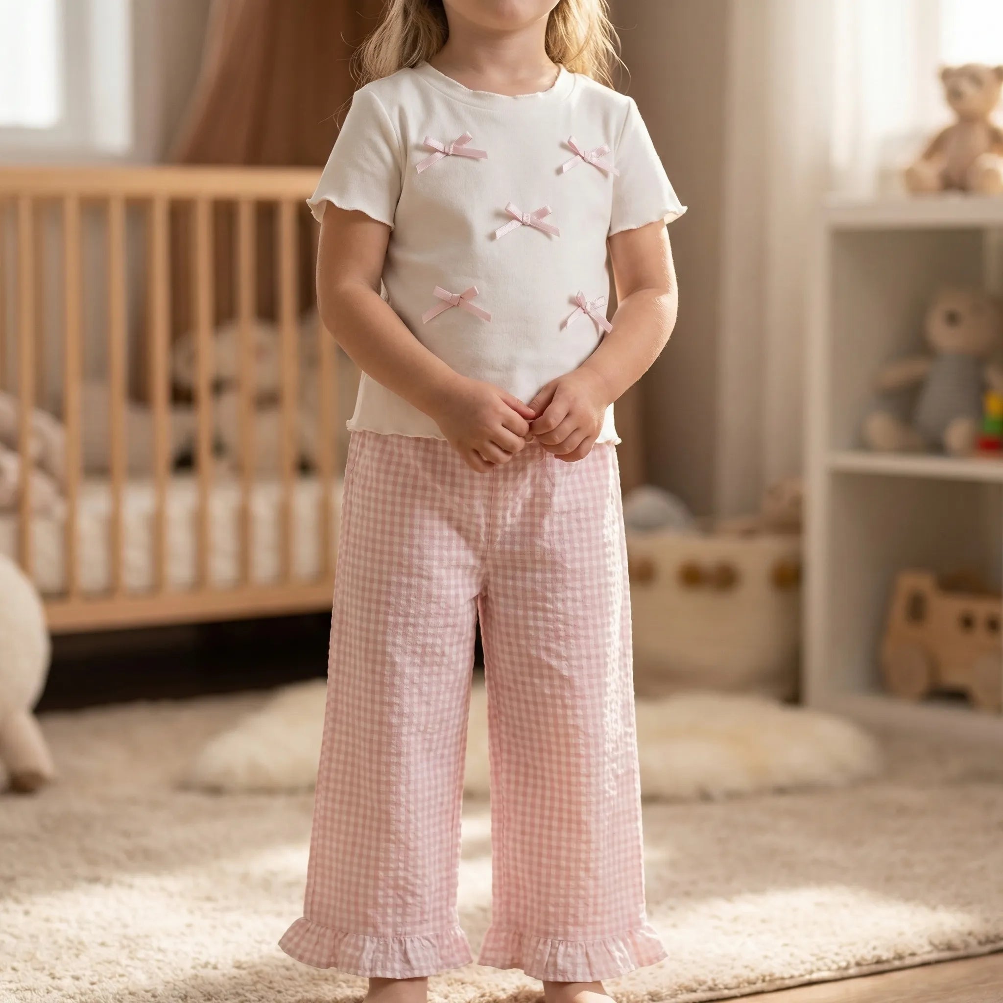 Mädchen Set mit Schleifentop und karierter Hose für Kleinkinder