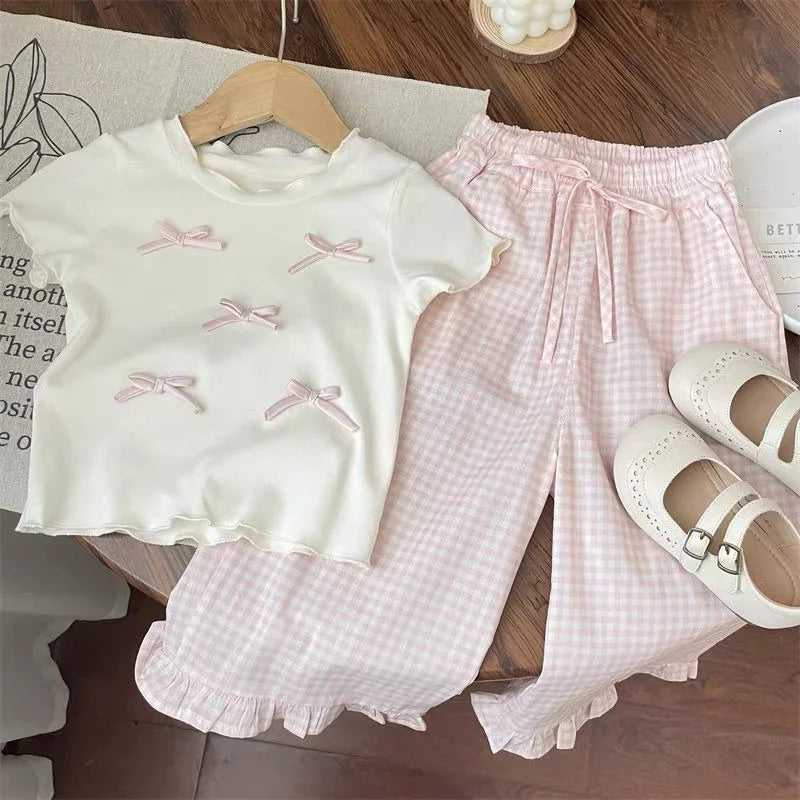 Mädchen Set mit Schleifentop und karierter Hose für Kleinkinder