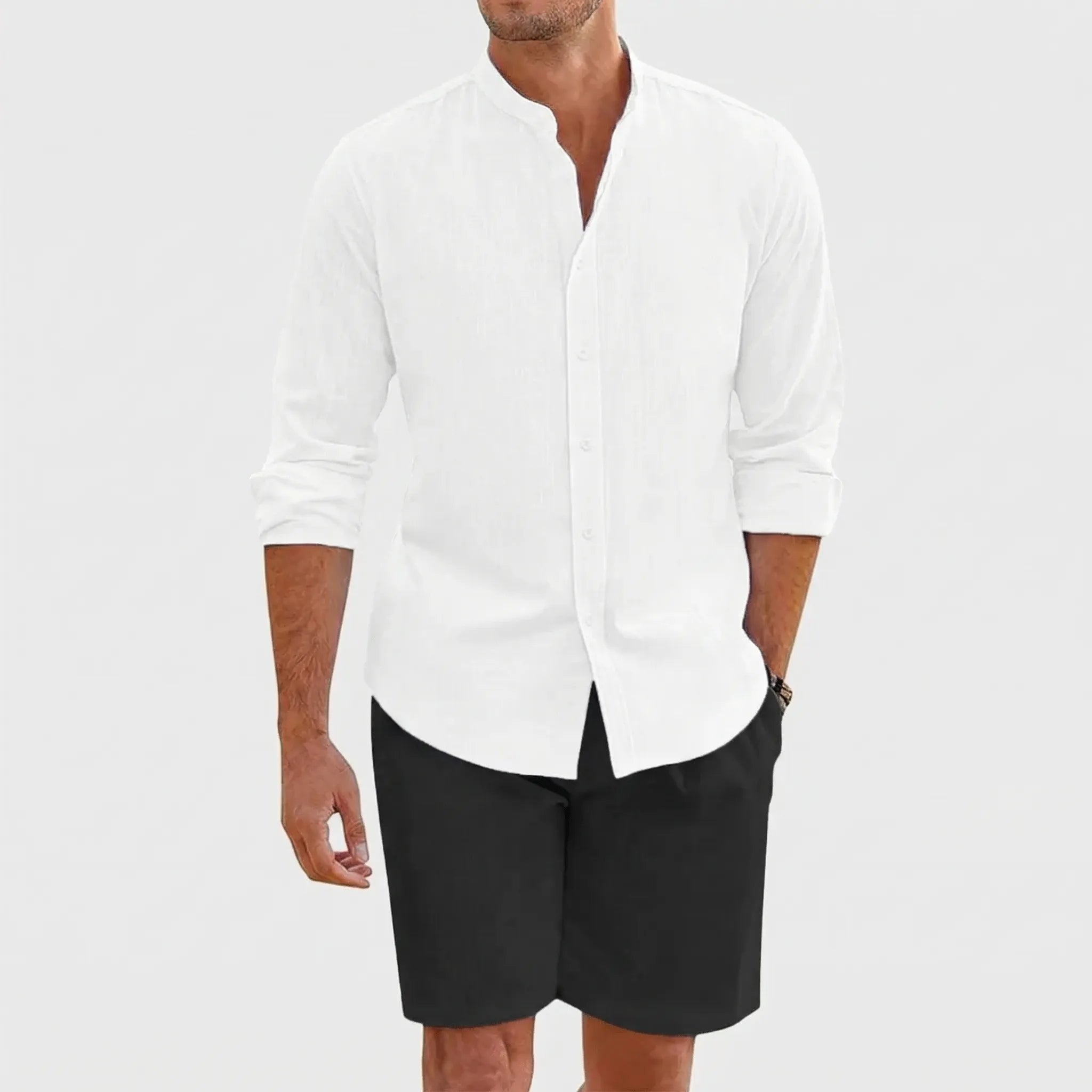 Herren Sommer Hemd Shorts Set atmungsaktiv leicht Stehkragen