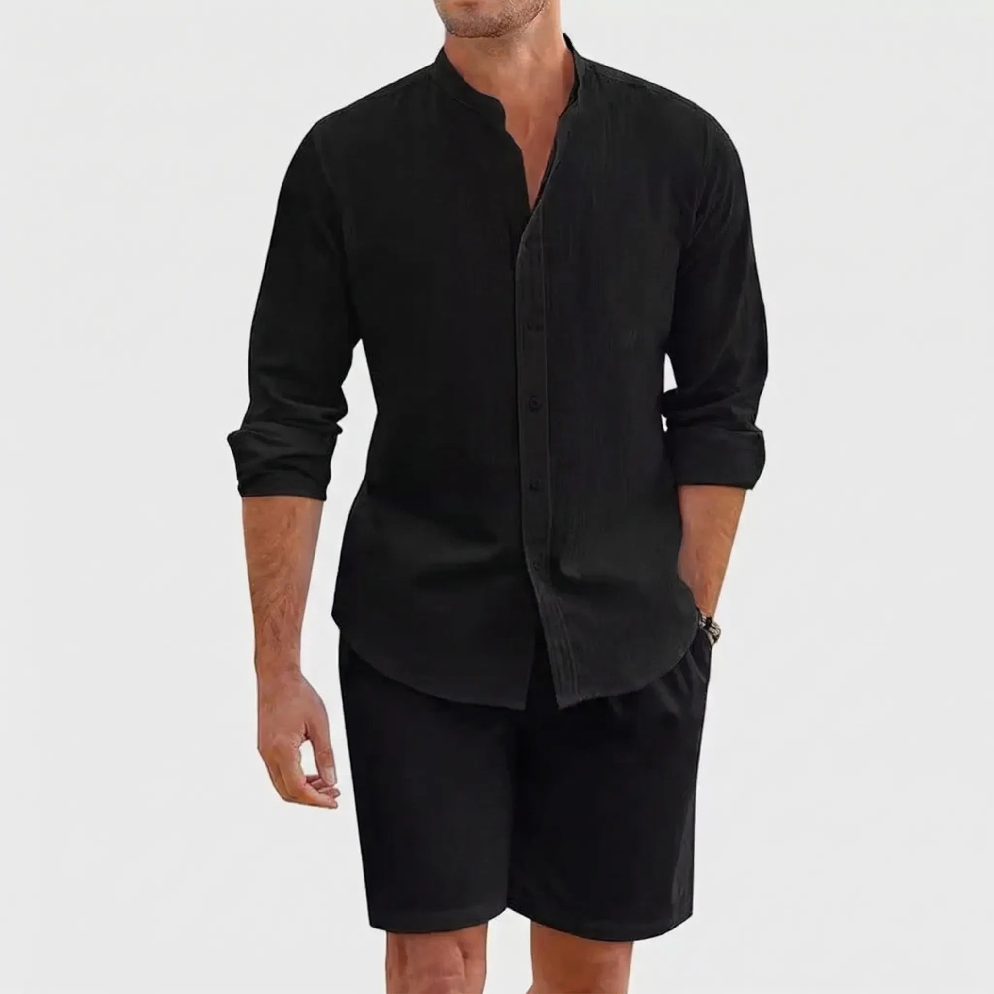 Herren Sommer Hemd Shorts Set atmungsaktiv leicht Stehkragen
