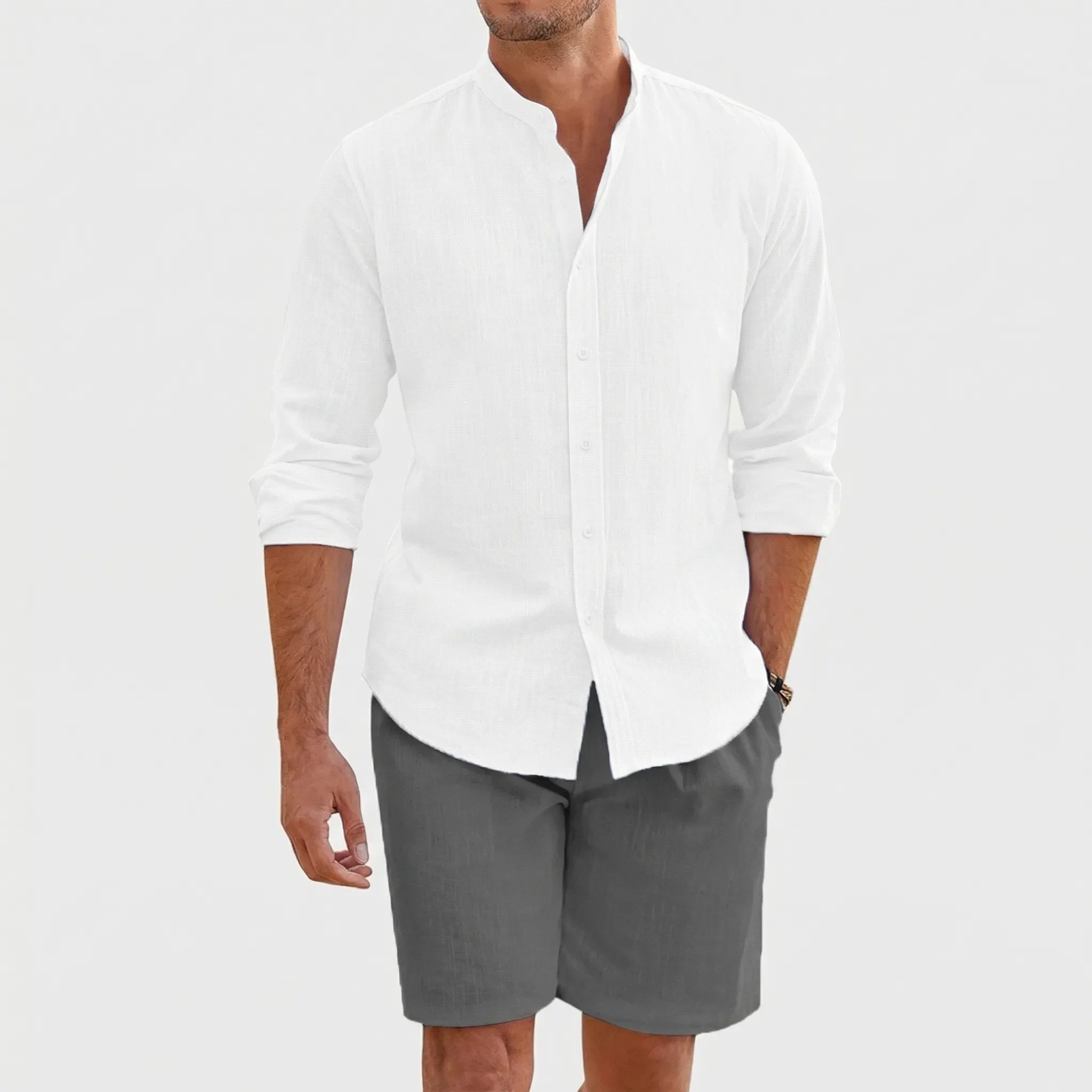 Herren Sommer Hemd Shorts Set atmungsaktiv leicht Stehkragen