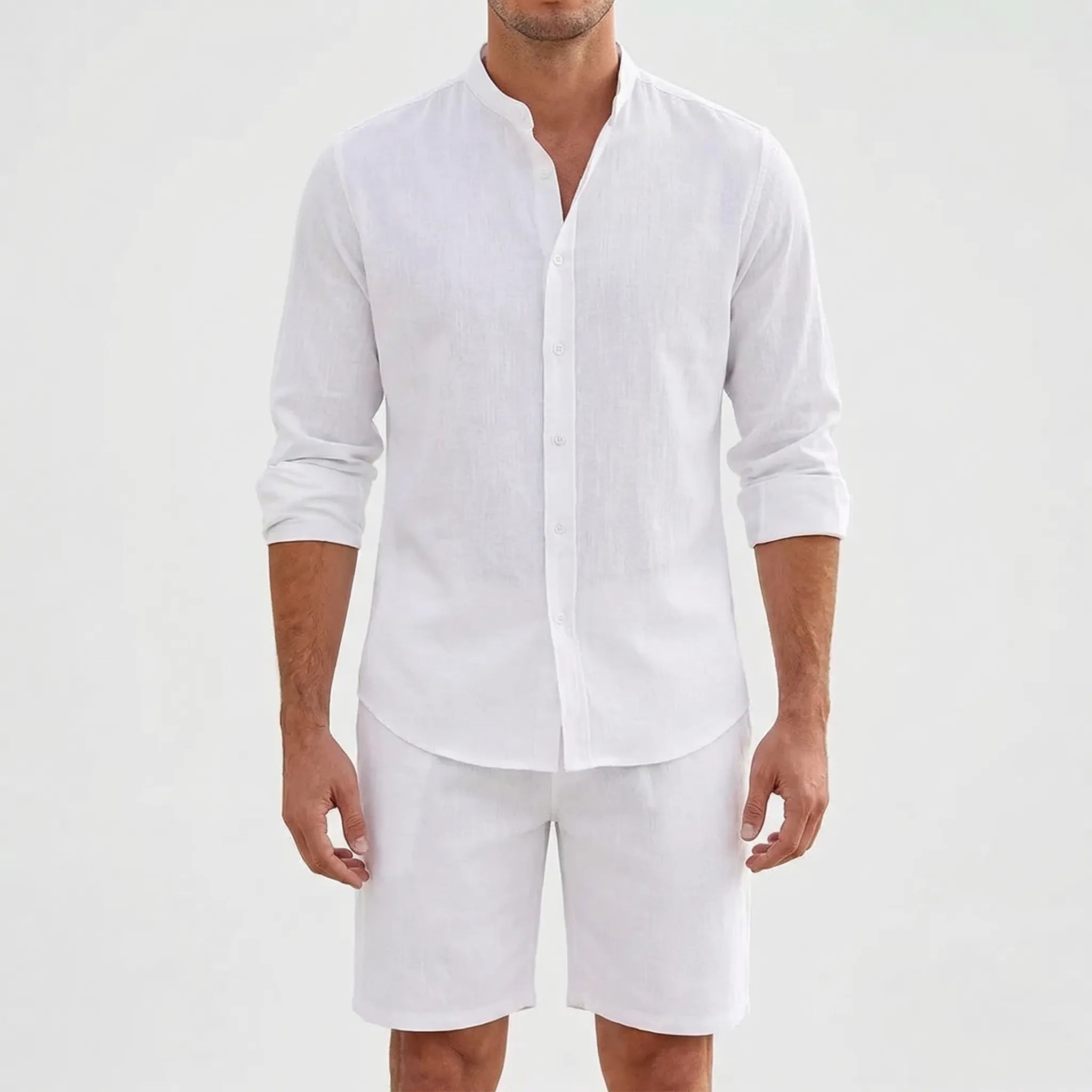 Herren Sommer Hemd Shorts Set atmungsaktiv leicht Stehkragen