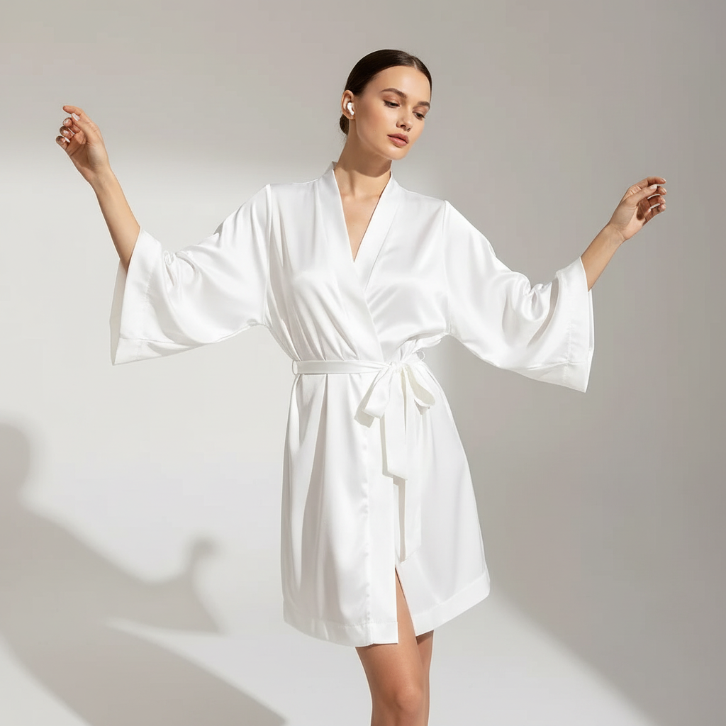 Kimono-Hochzeitsbademantel mit Dreiviertelbaumaterial und Taillenbund