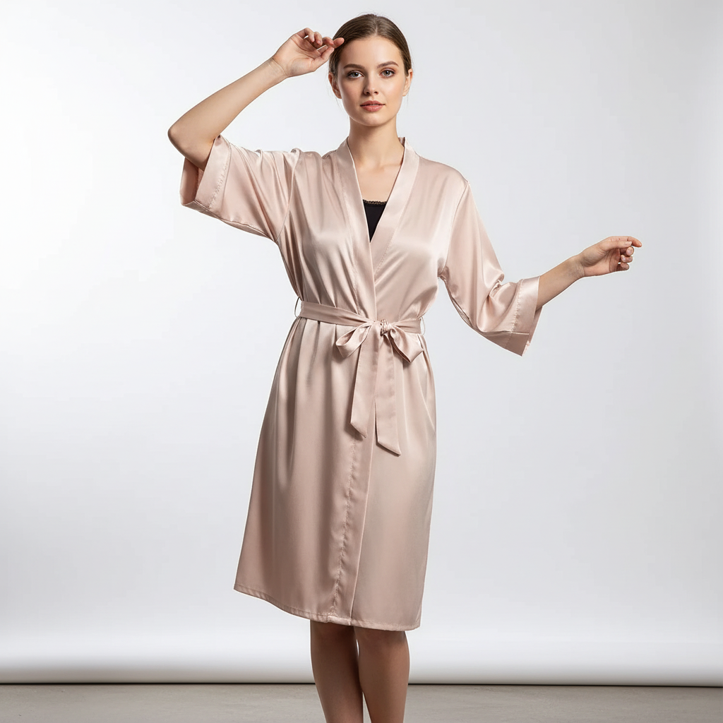 Kimono-Hochzeitsbademantel mit Dreiviertelbaumaterial und Taillenbund
