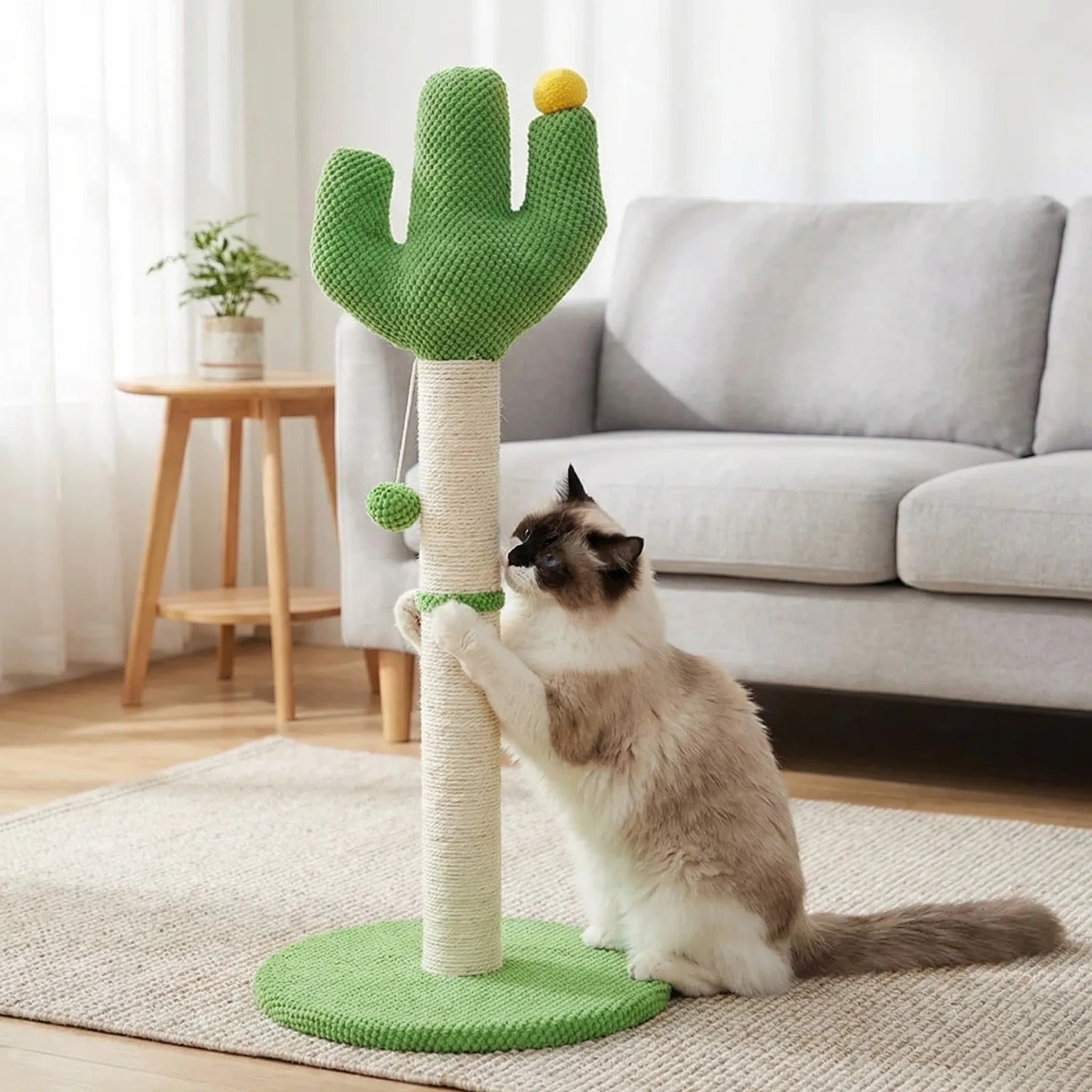 Kaktus Kratzbaum für Katzen mit Seilstamm und Spielbällen