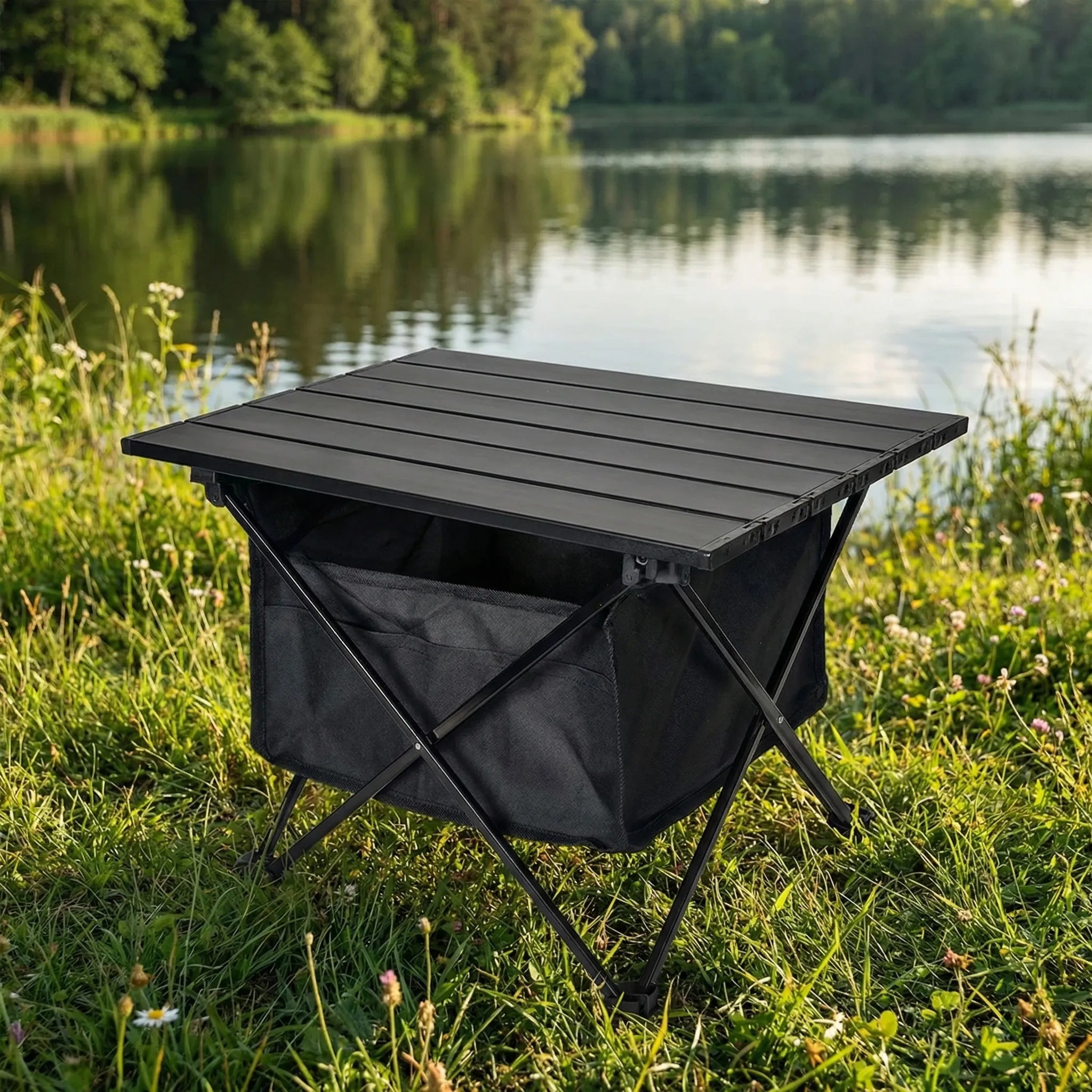 Klappbarer Campingtisch mit Lamellentischplatte und Transporttasche
