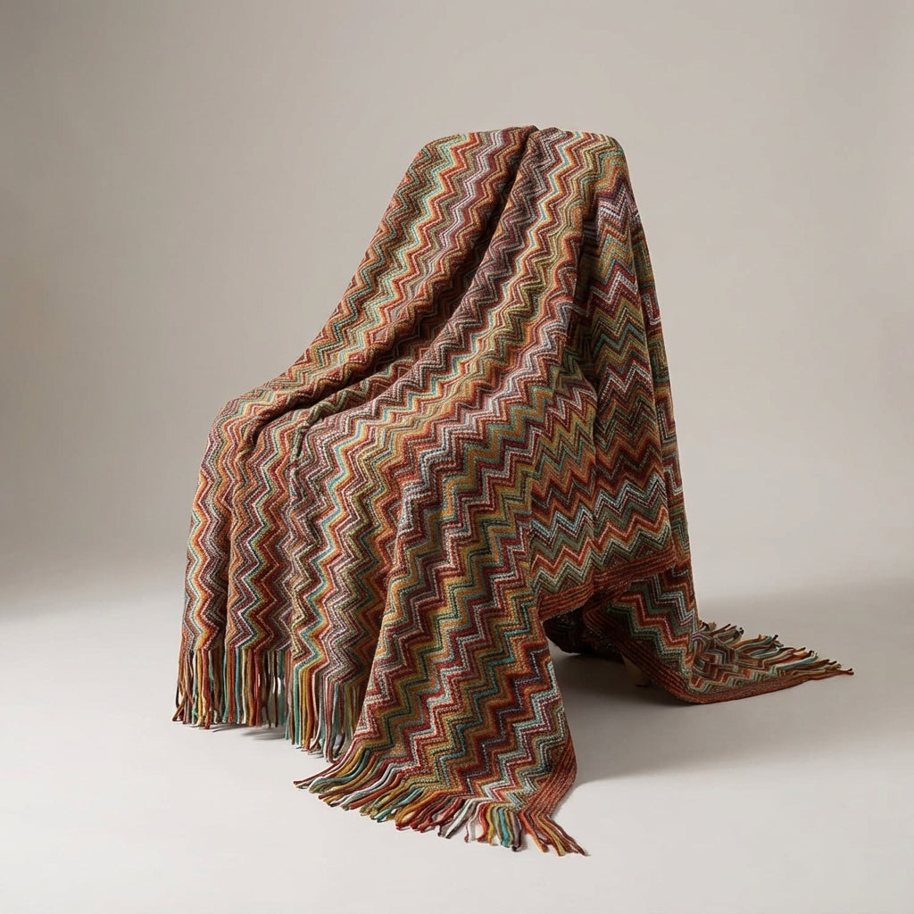 Bunte Strickdecke geometrische Streifen Fransen Bohème-Design