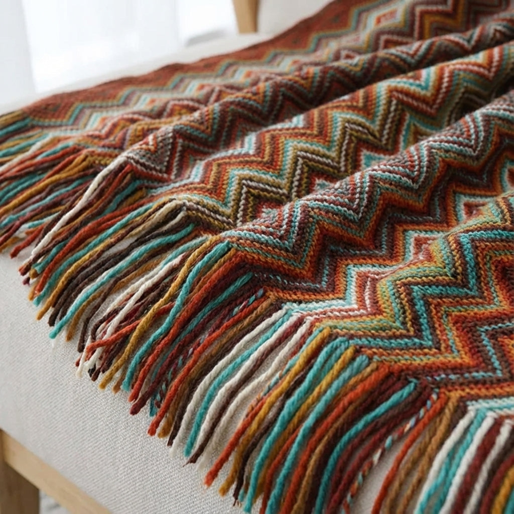 Bunte Strickdecke geometrische Streifen Fransen Bohème-Design