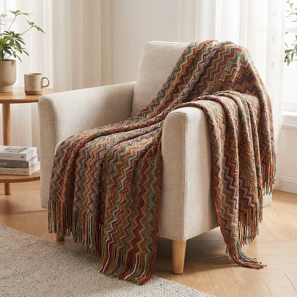 Bunte Strickdecke geometrische Streifen Fransen Bohème-Design