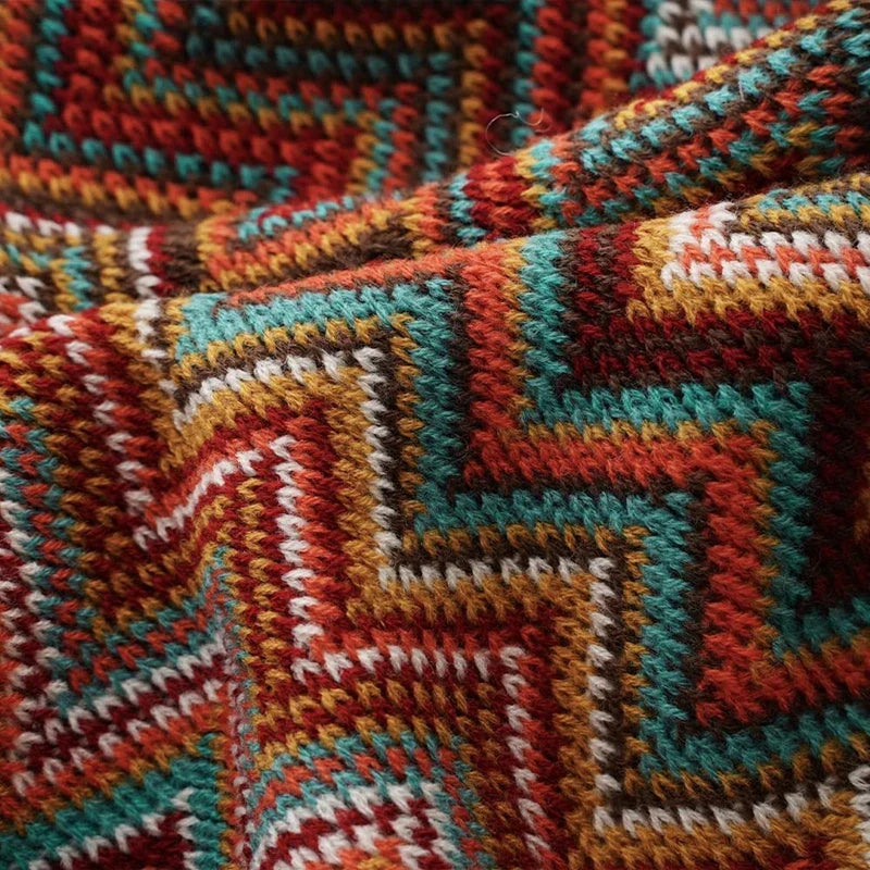 Bunte Strickdecke geometrische Streifen Fransen Bohème-Design