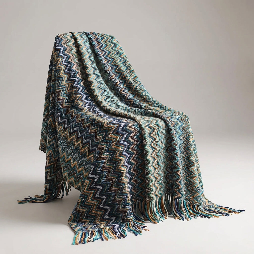 Bunte Strickdecke geometrische Streifen Fransen Bohème-Design