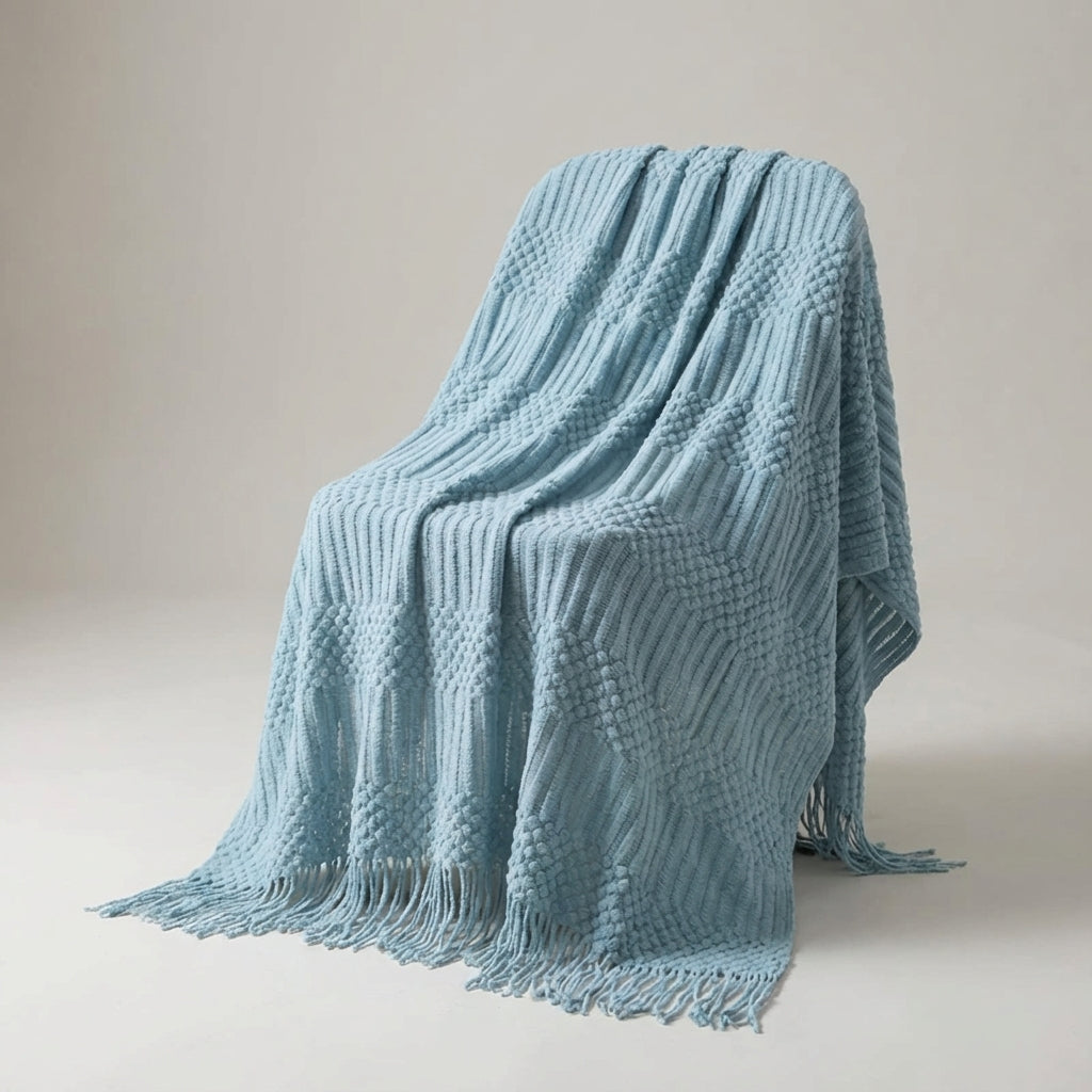 Bunte Strickdecke geometrische Streifen Fransen Bohème-Design