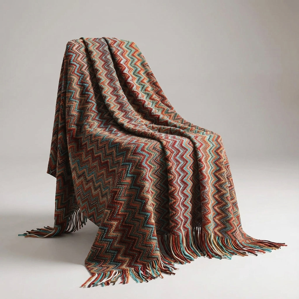 Bunte Strickdecke geometrische Streifen Fransen Bohème-Design
