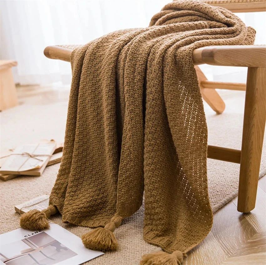Waffeltuch Wurfdecke mit Quasten und geprägter Textur