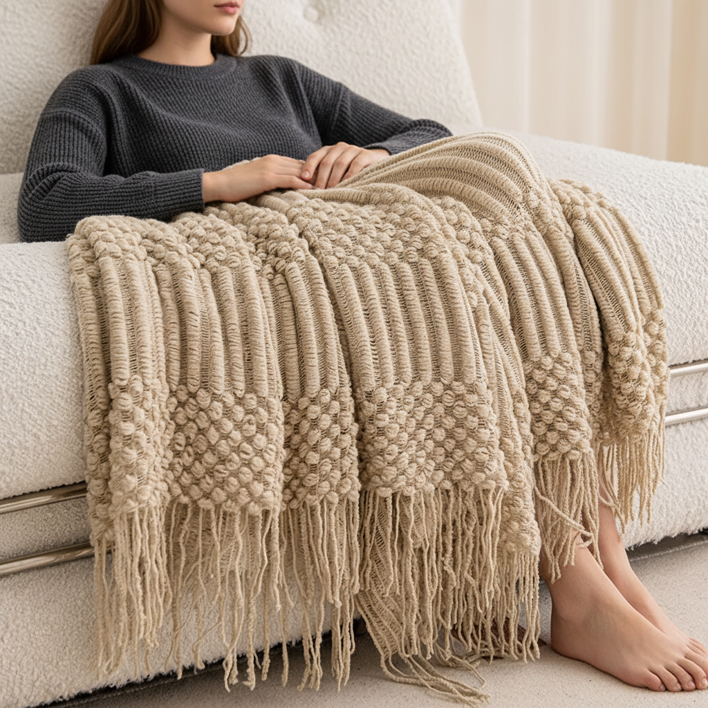 Chunky-Knit-Decke mit Quastenkanten für Sofa und Bett