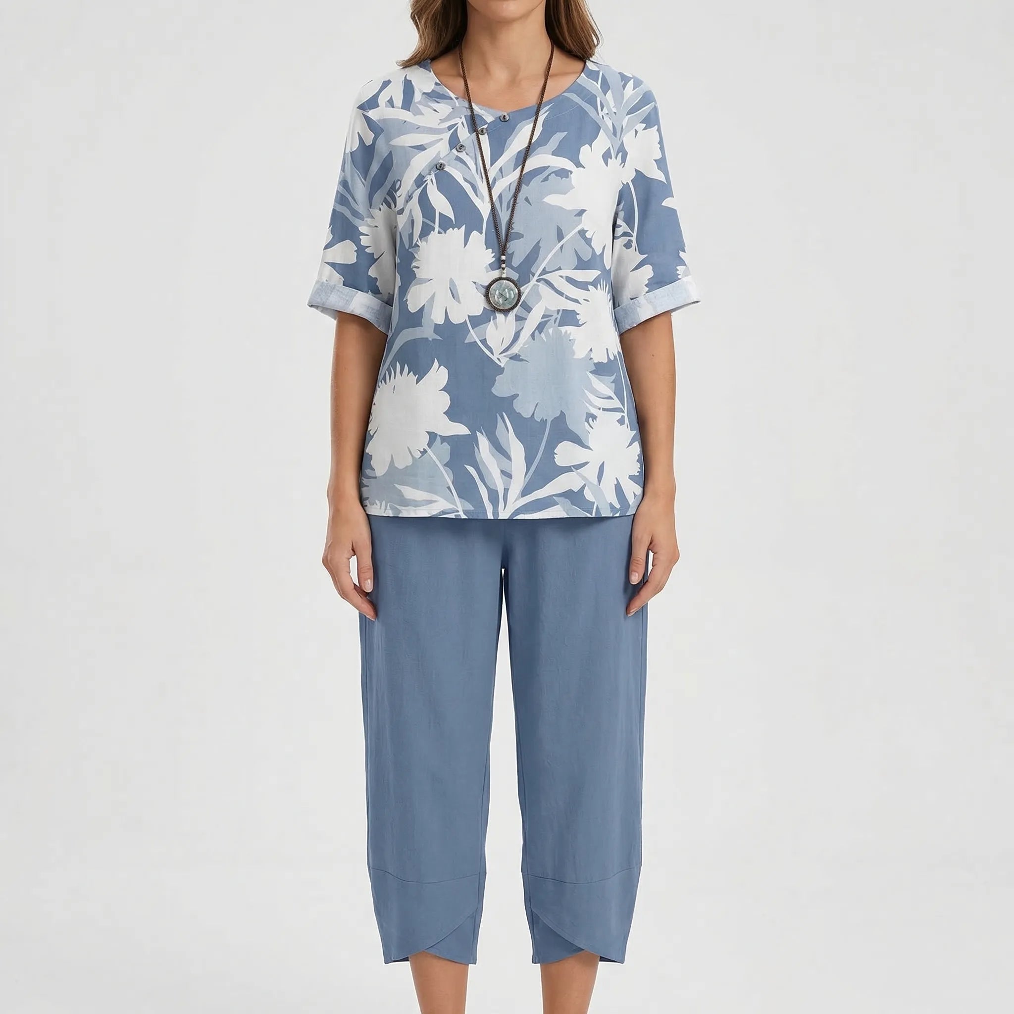 Damen 2-Teiler Set mit Kleeblattdruck Top und High-Waist Hose