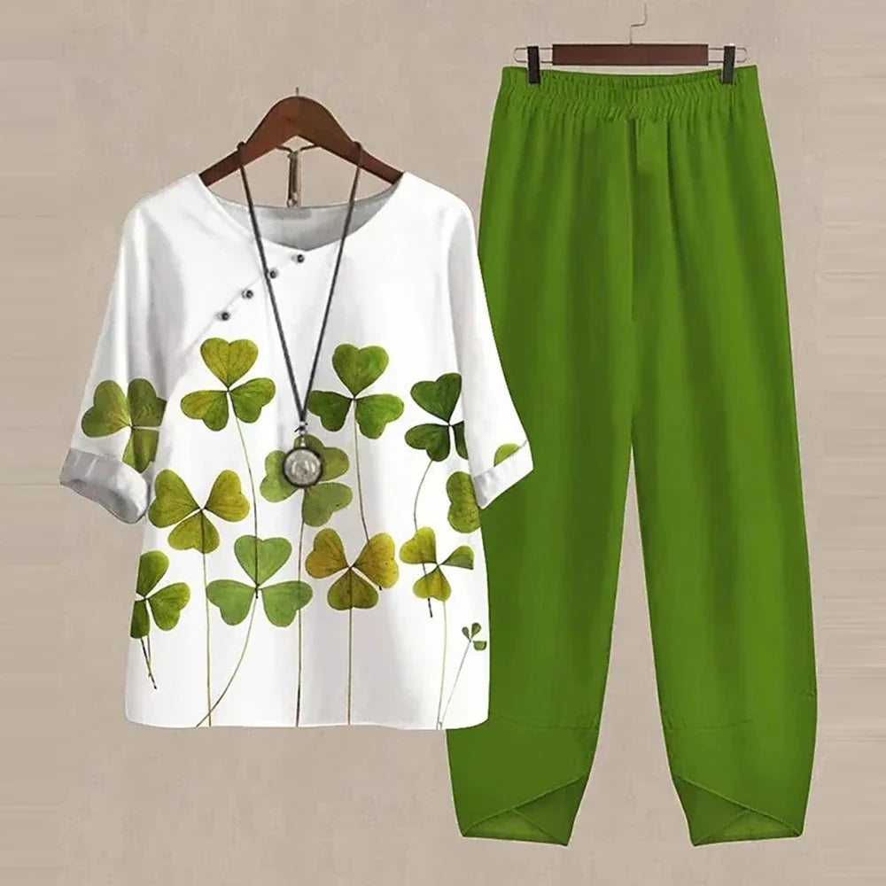 Damen 2-Teiler Set mit Kleeblattdruck Top und High-Waist Hose