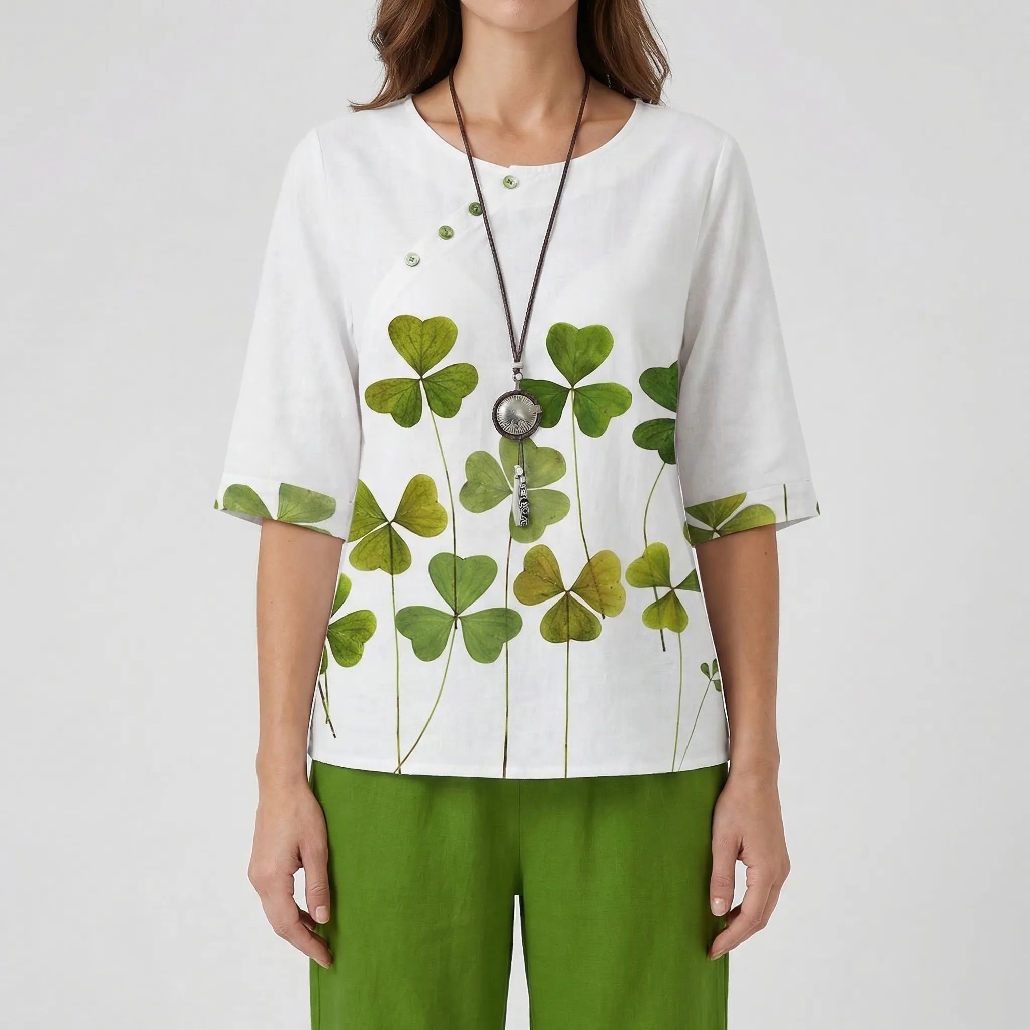 Damen 2-Teiler Set mit Kleeblattdruck Top und High-Waist Hose