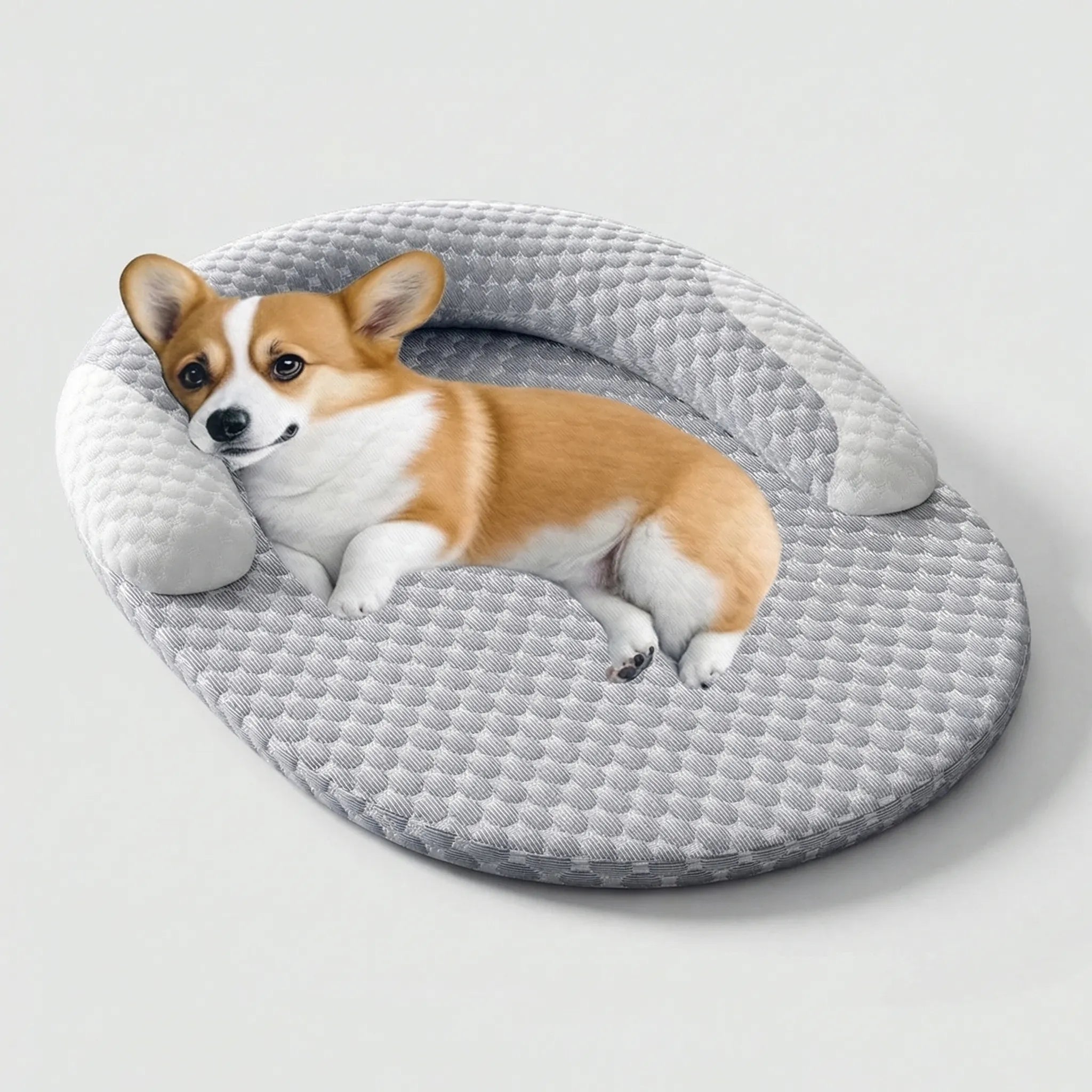 Kühlendes Hundebett im Sofastil mit Wabenstoffoberfläche und Nackenrolle