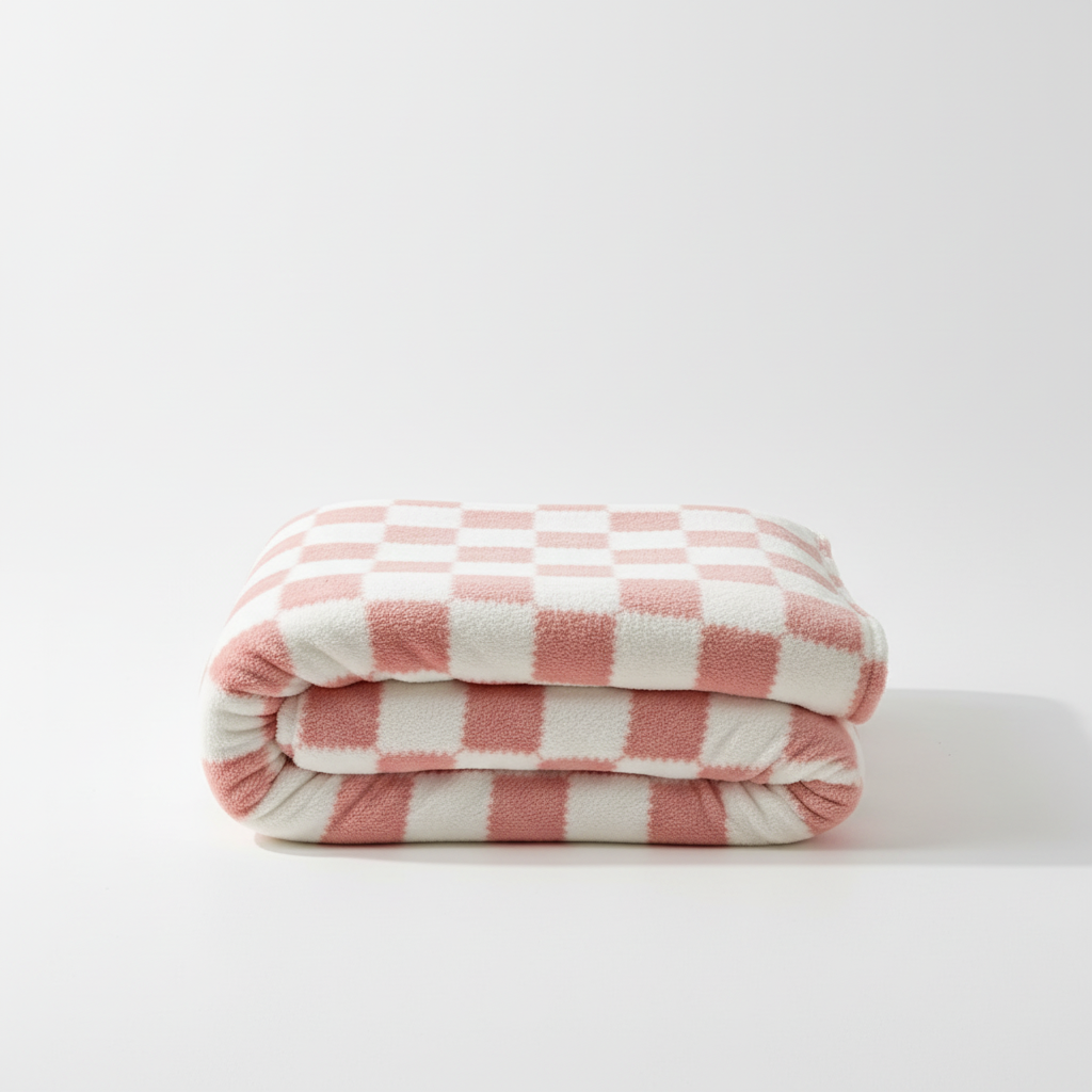 Karierte Korallenrot-Fleece-Decke mit rosa-weißem Karomuster