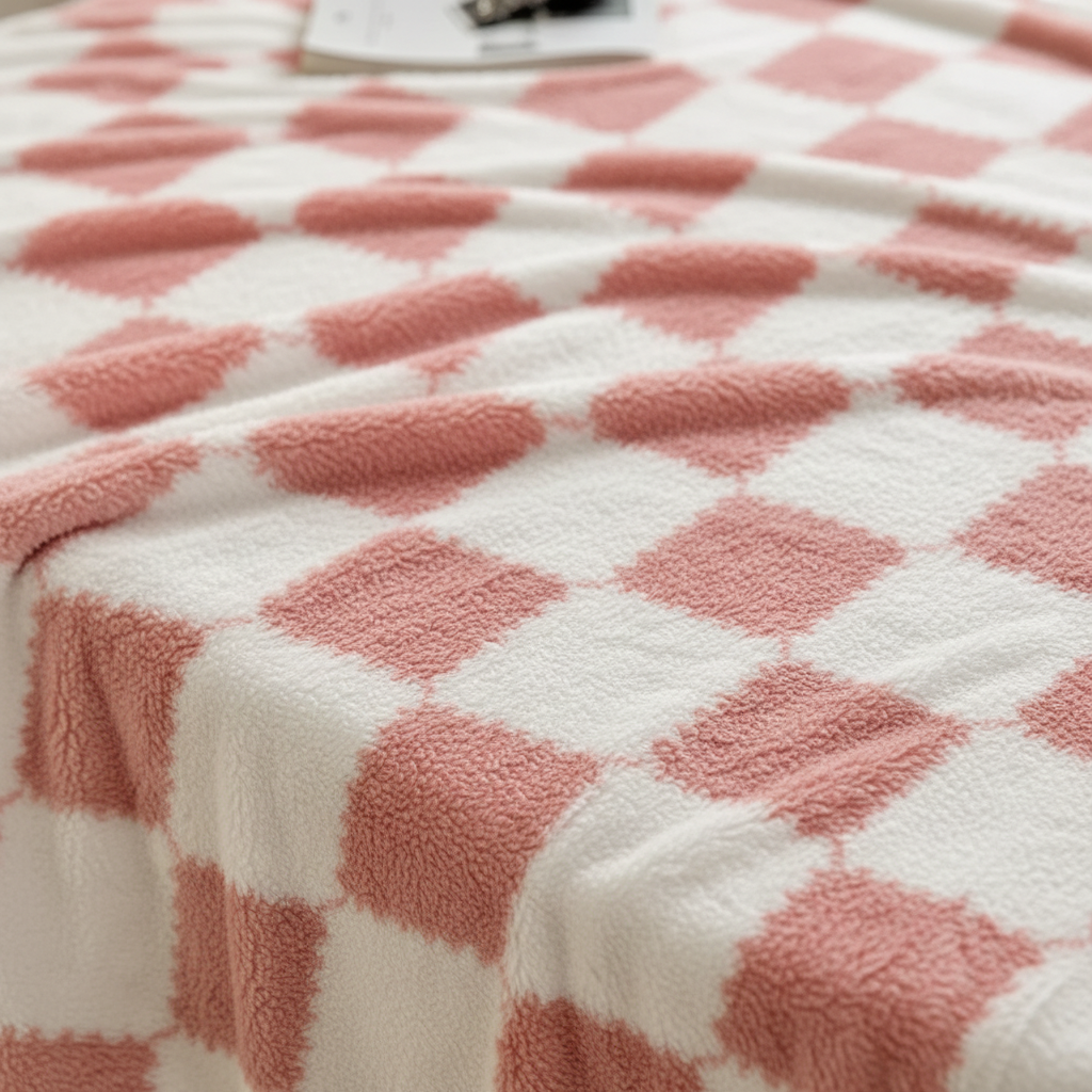 Karierte Korallenrot-Fleece-Decke mit rosa-weißem Karomuster