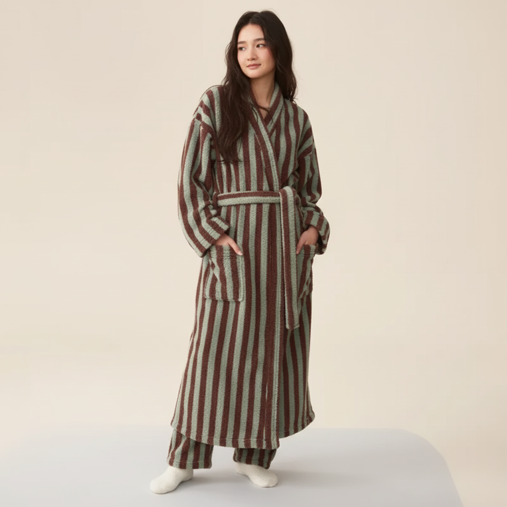 Gestreiftes Bademantel-Set knielang flauschig warme Textur Unisex