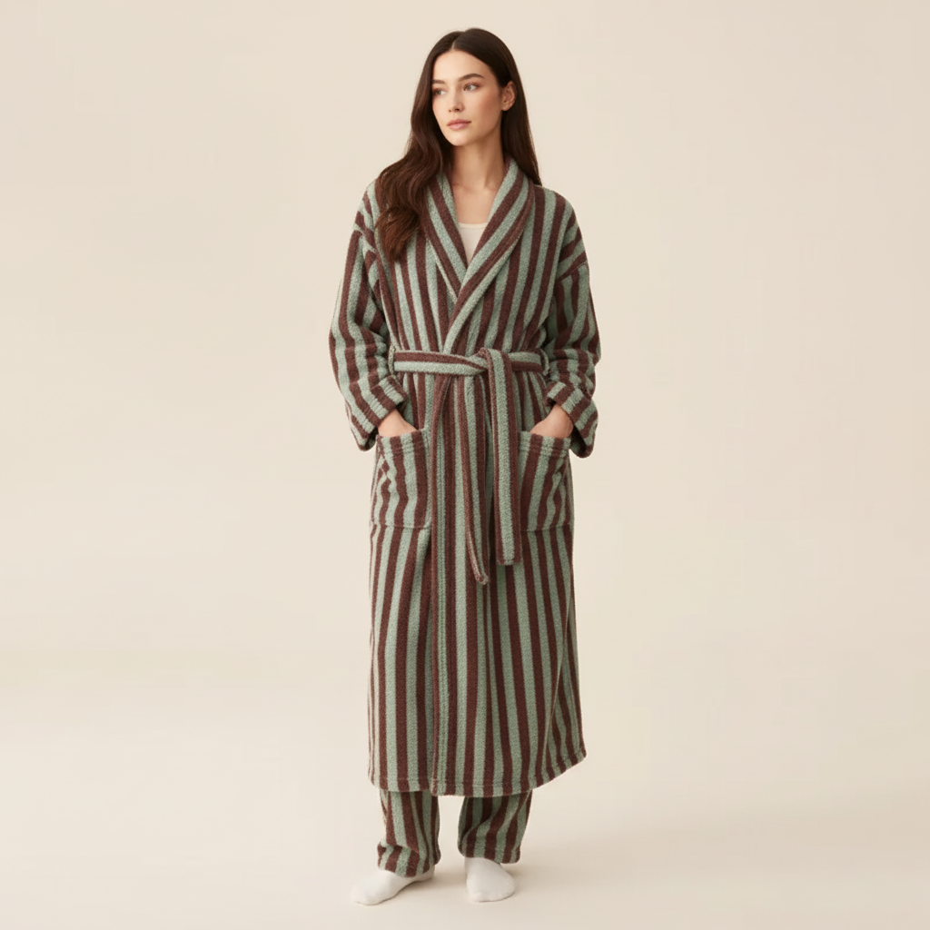 Gestreiftes Bademantel-Set knielang flauschig warme Textur Unisex