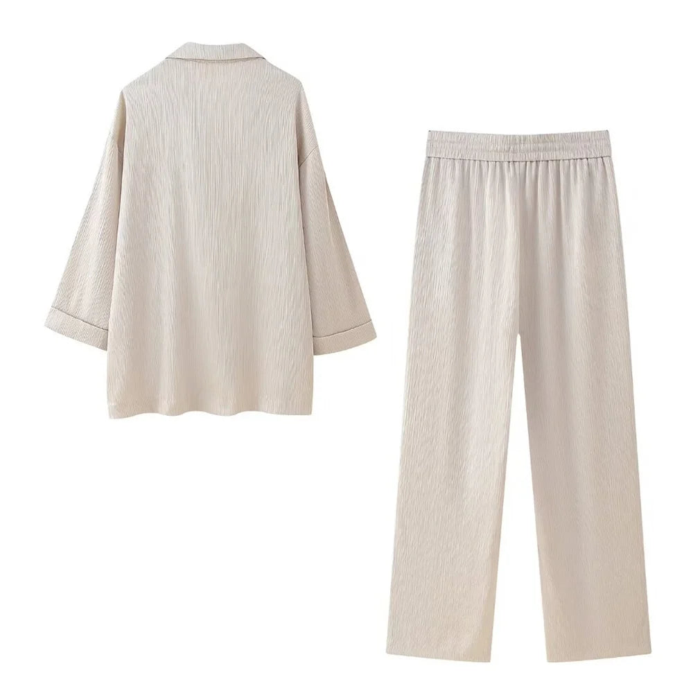 Damen Anzug Set mit zweireihiger Jacke und Hose im Knitter-Effekt