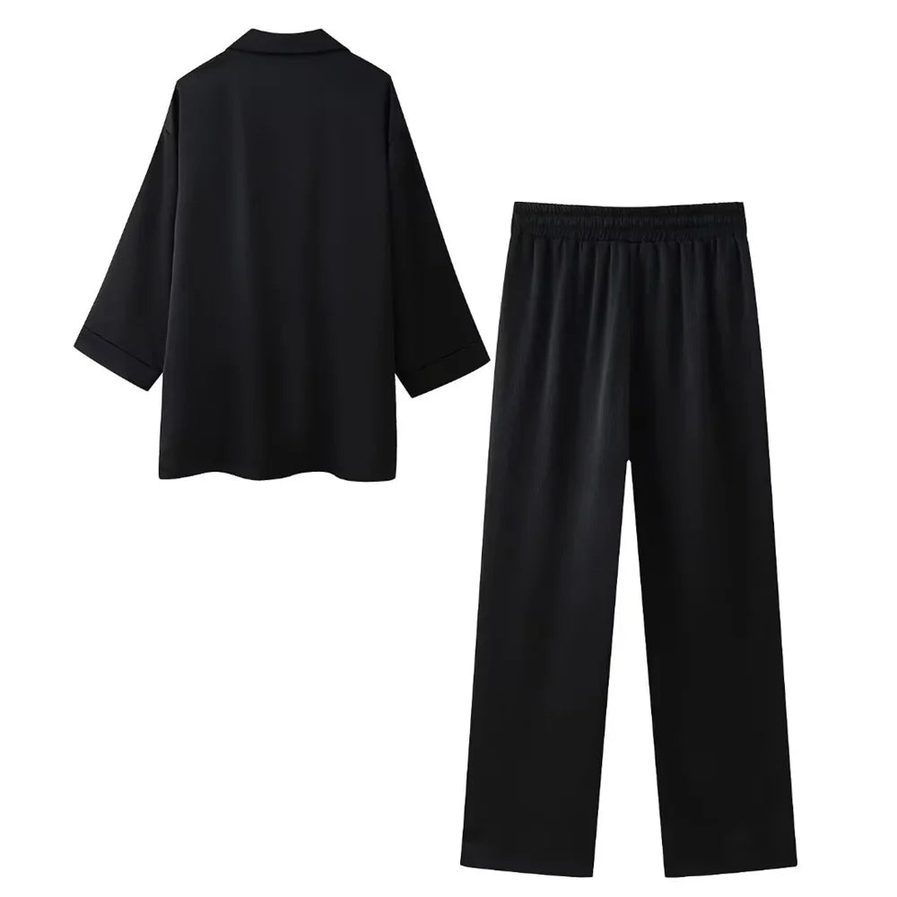 Damen Anzug Set mit zweireihiger Jacke und Hose im Knitter-Effekt