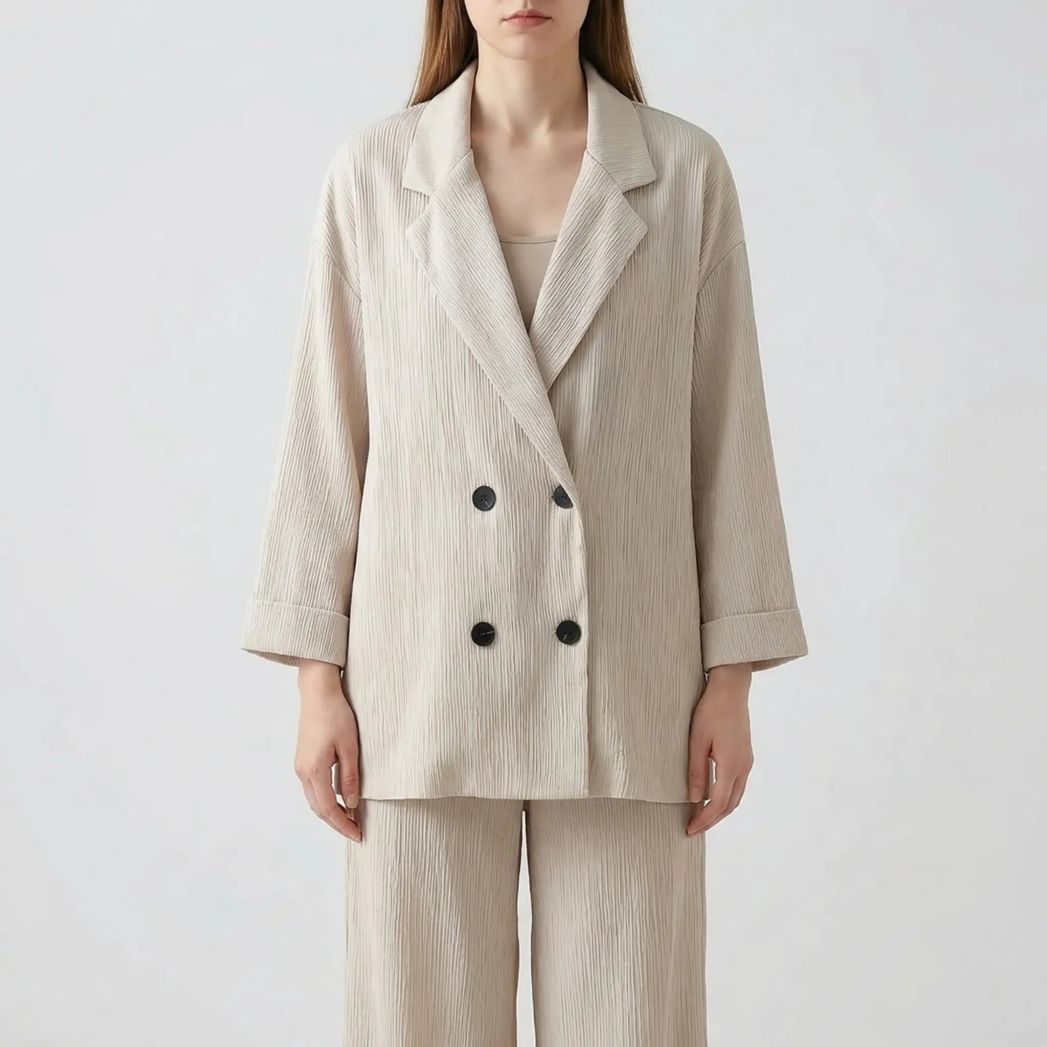 Damen Anzug Set mit zweireihiger Jacke und Hose im Knitter-Effekt