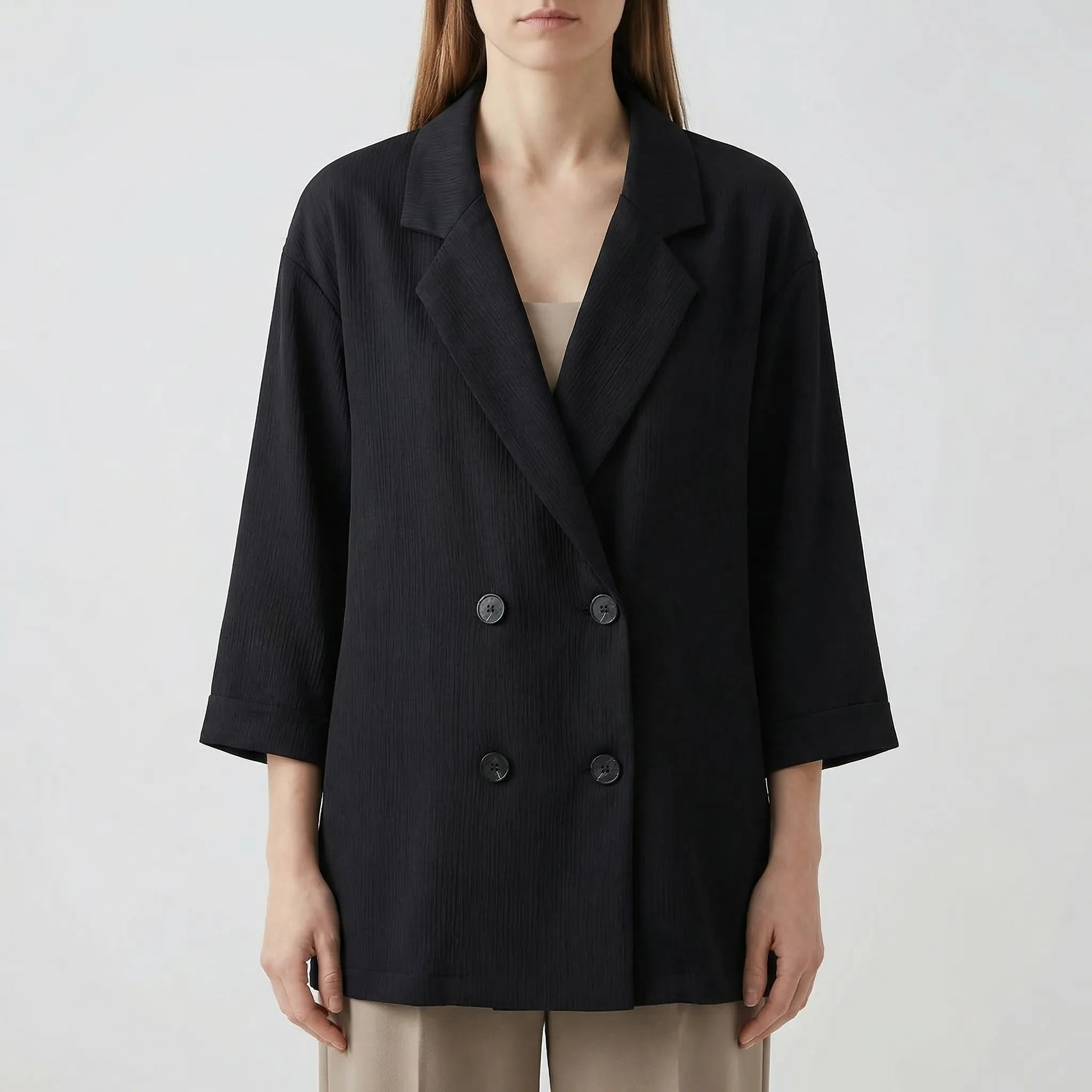 Damen Anzug Set mit zweireihiger Jacke und Hose im Knitter-Effekt
