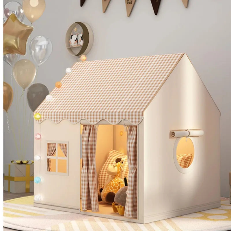 Klappbares Kinderspielzelt mit Schloss-Dach und Gingham-Muster