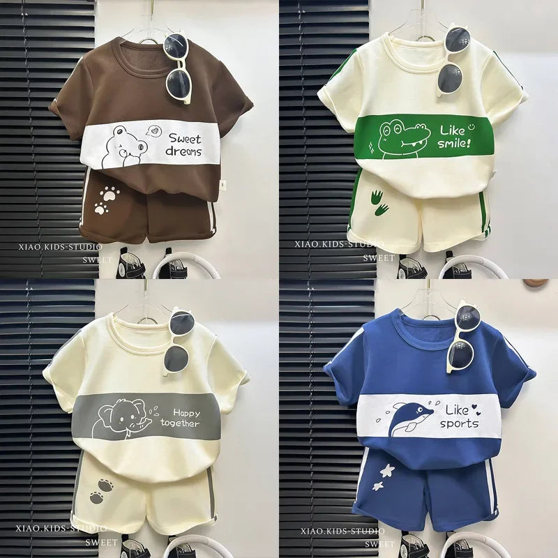 Kinder Sommer Set Kurzarm Top Shorts Cartoon Motiv Jungen Mädchen