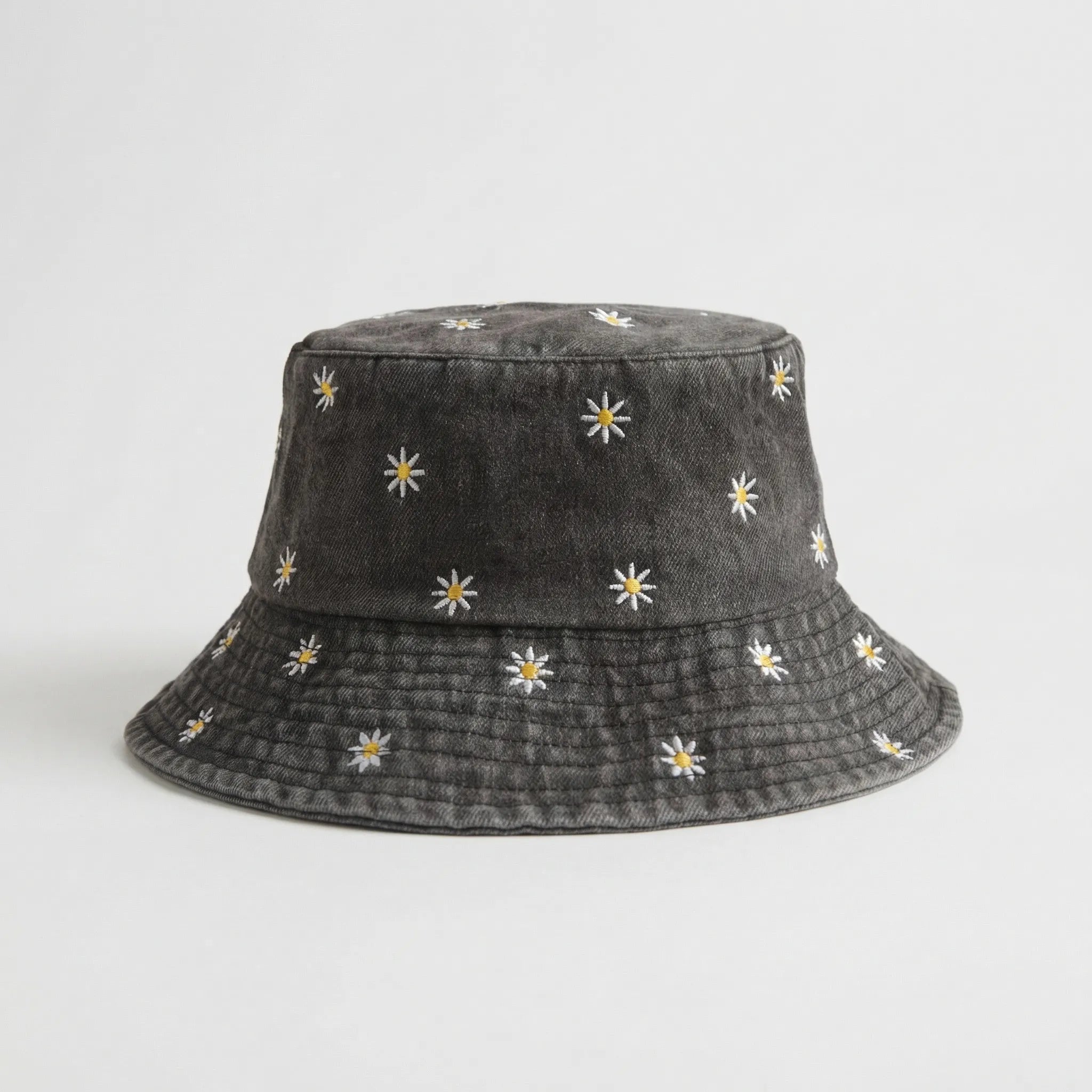 Fischerhut mit Gänseblümchen-Stickerei gewaschenes Denim breitkrempig Unisex