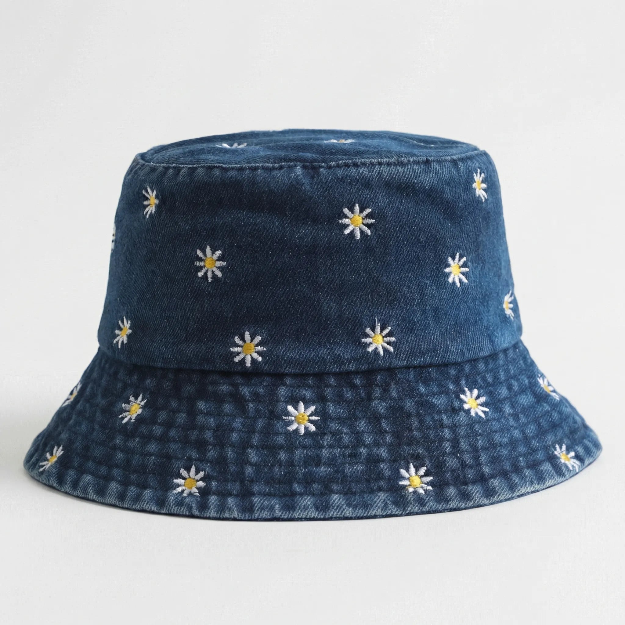 Fischerhut mit Gänseblümchen-Stickerei gewaschenes Denim breitkrempig Unisex