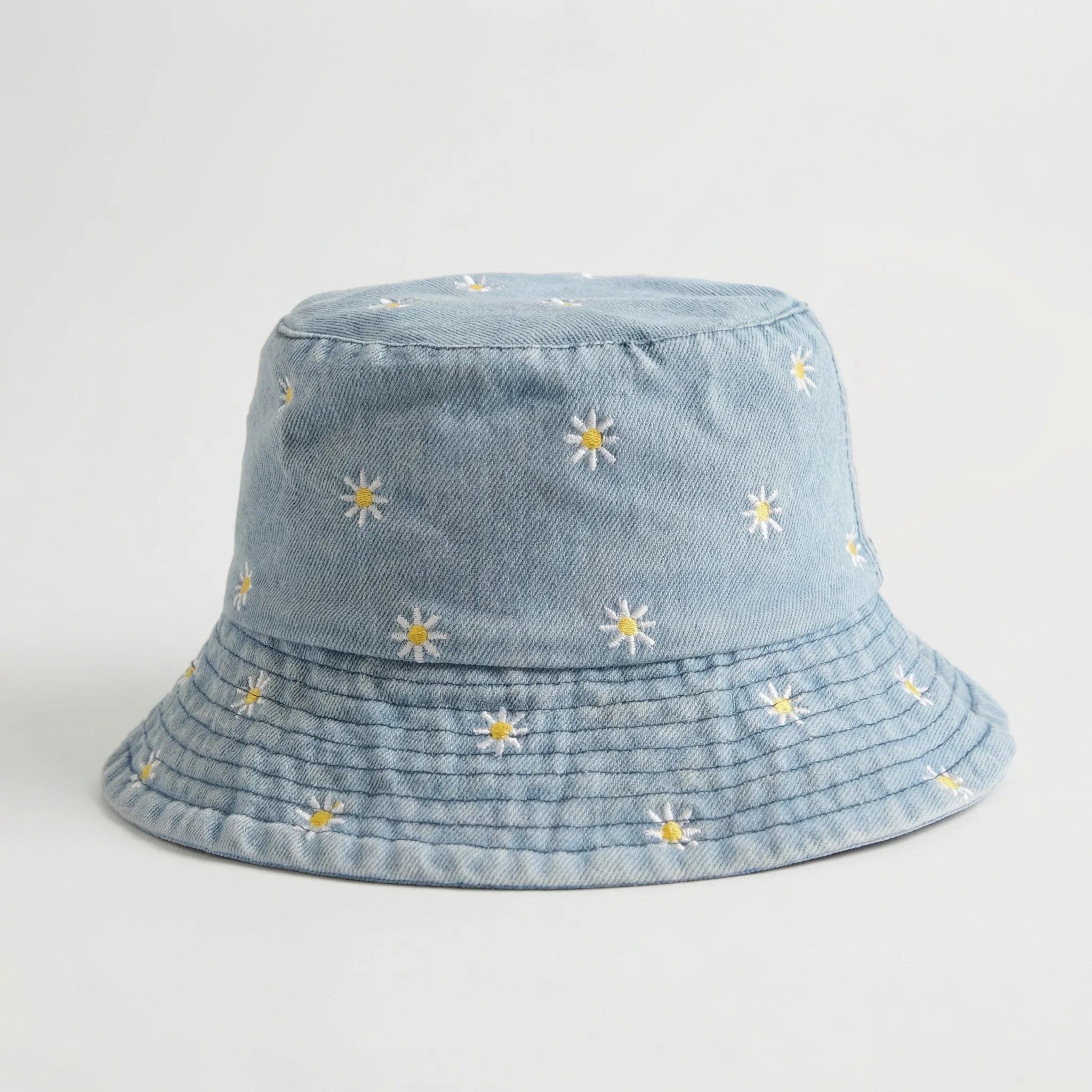 Fischerhut mit Gänseblümchen-Stickerei gewaschenes Denim breitkrempig Unisex