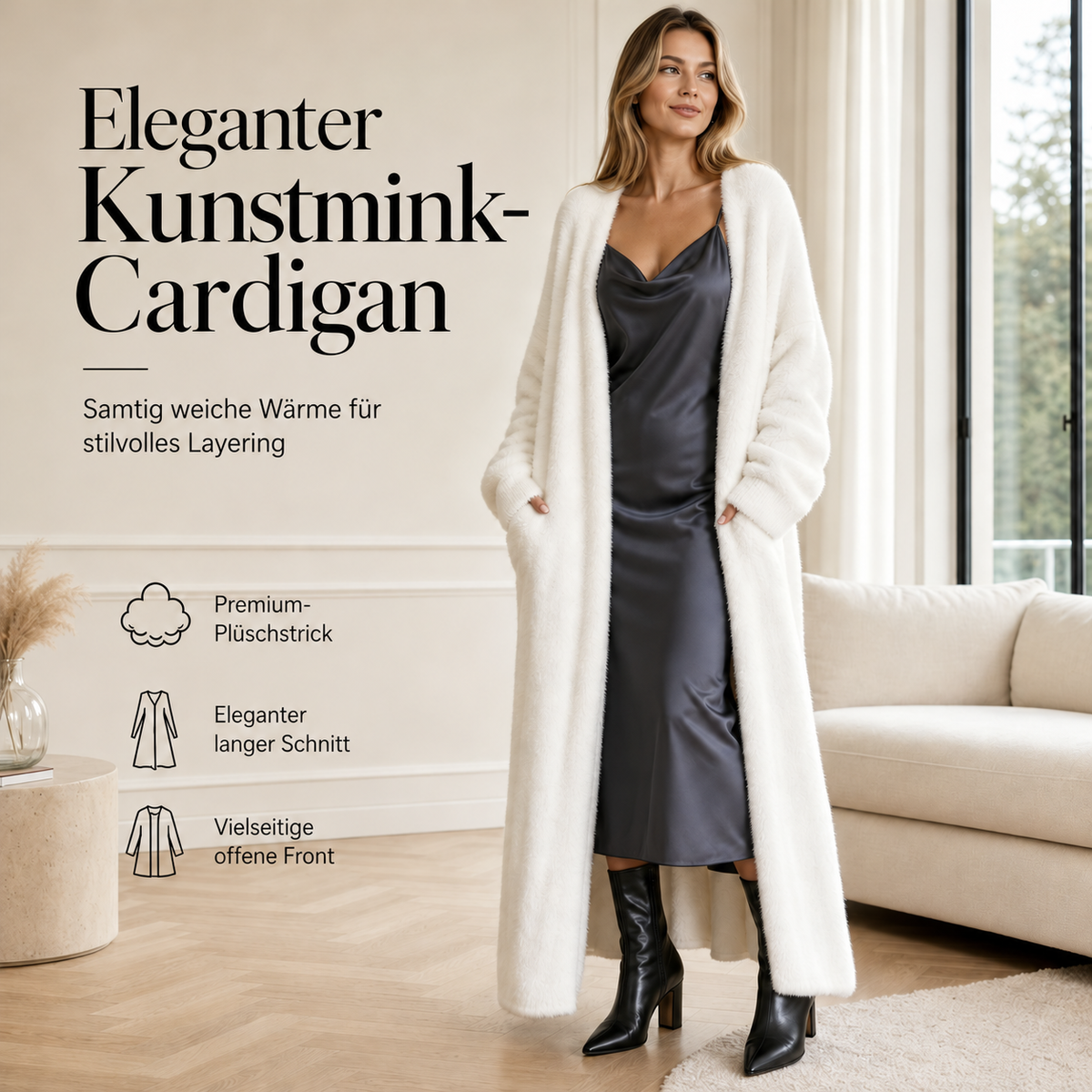 Nordspur | Damen Faux-Nerz-Fleece Langer Cardigan Flauschiger Oversized Strick-Mantel für Herbst und Winter