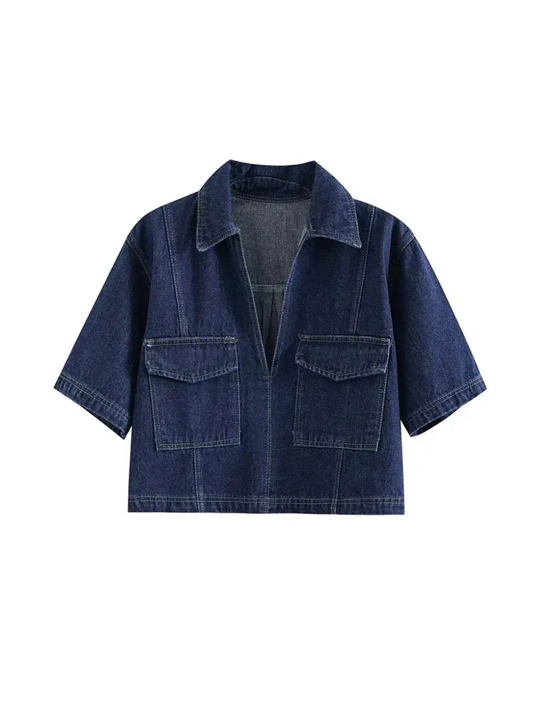 Denim Zweiteiler Set für Damen mit bauchfreiem Oberteil und Minirock