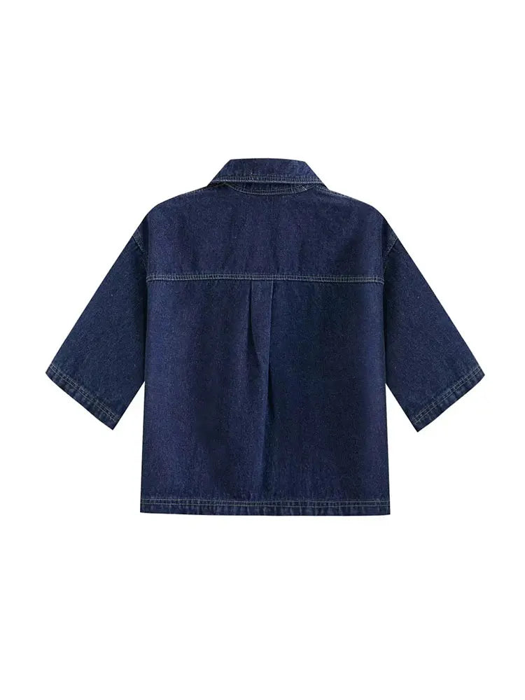 Denim Zweiteiler Set für Damen mit bauchfreiem Oberteil und Minirock