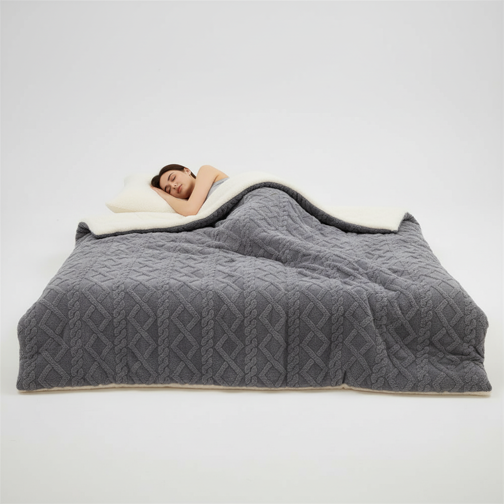 Wendbare Steppdecke mit Polarfleece und Lammfell-Innenseite antipieling