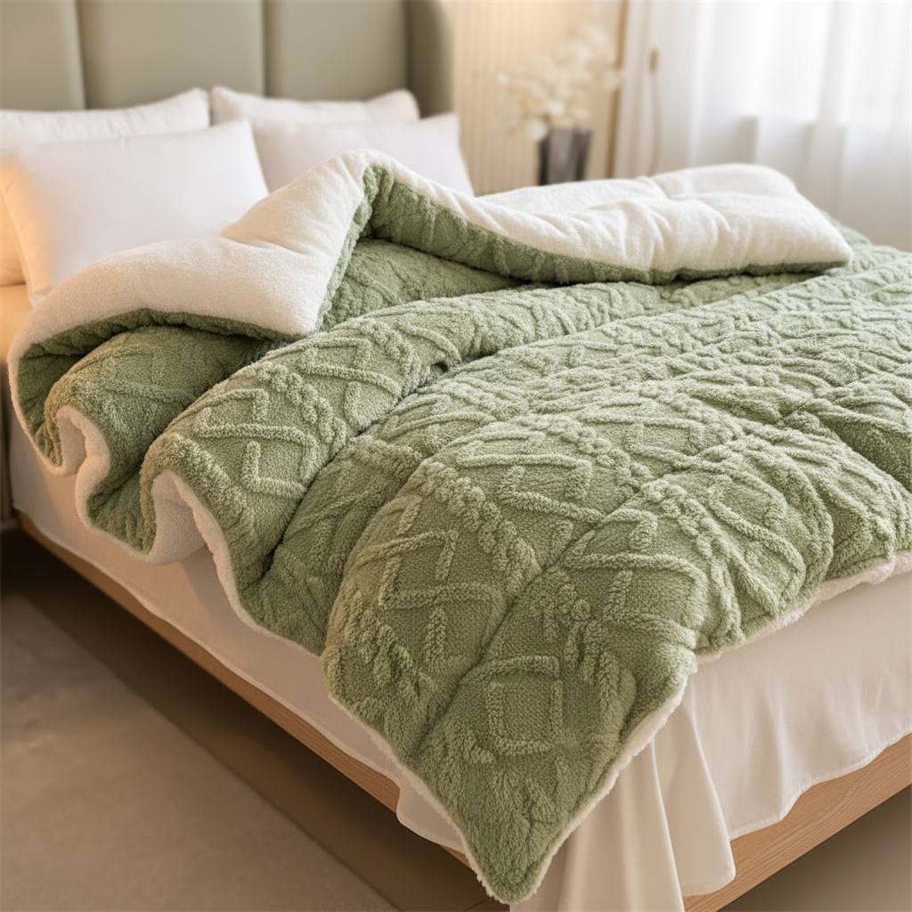 Wendbare Steppdecke mit Polarfleece und Lammfell-Innenseite antipieling