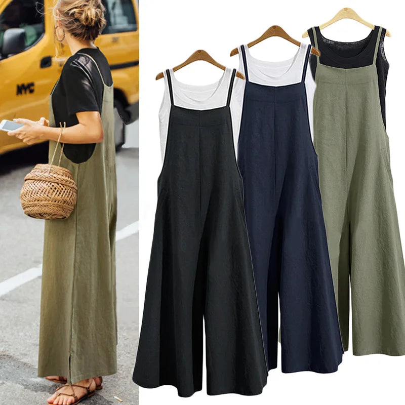 Damen Jumpsuit ärmellos weites Bein Latzfront Sommer