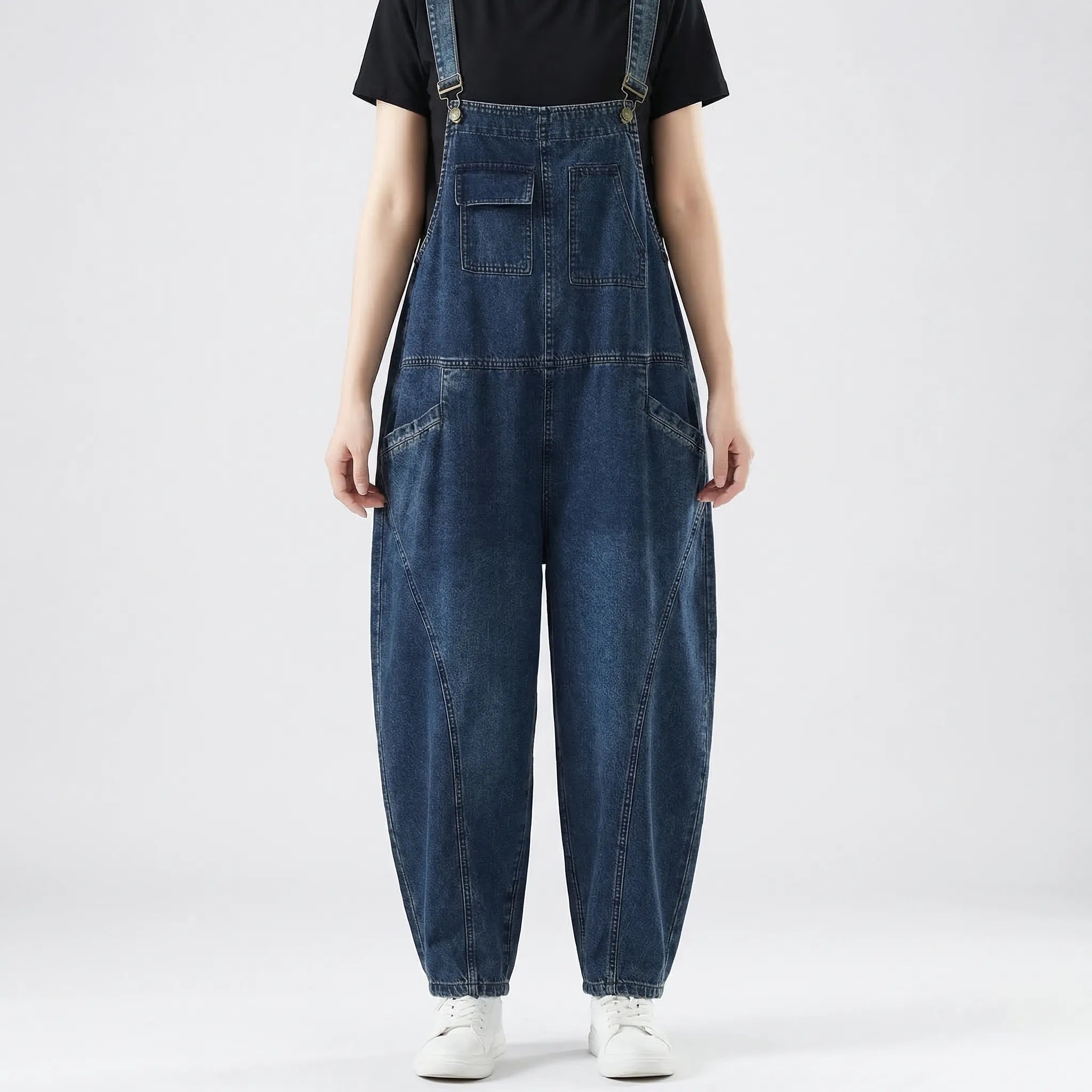 Denim-Latzhose lockerer Haremsstil-Schnitt mit Patchwork-Details