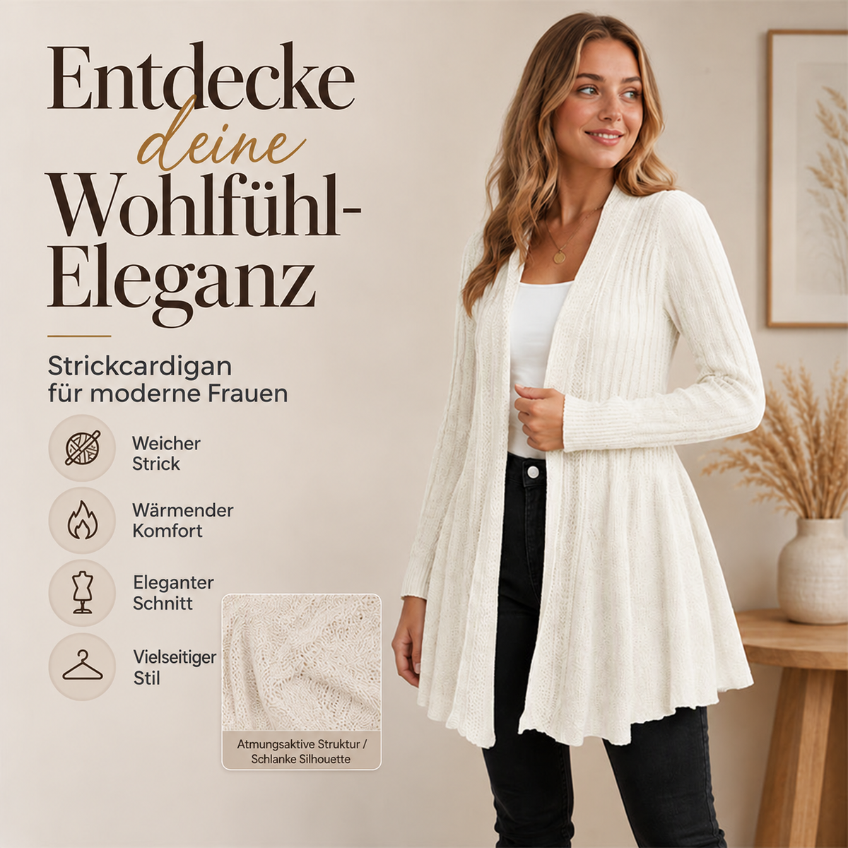 Nordspur | Elegante strukturierte offene Strickjacke – weich, mühelos und leicht zu stylen